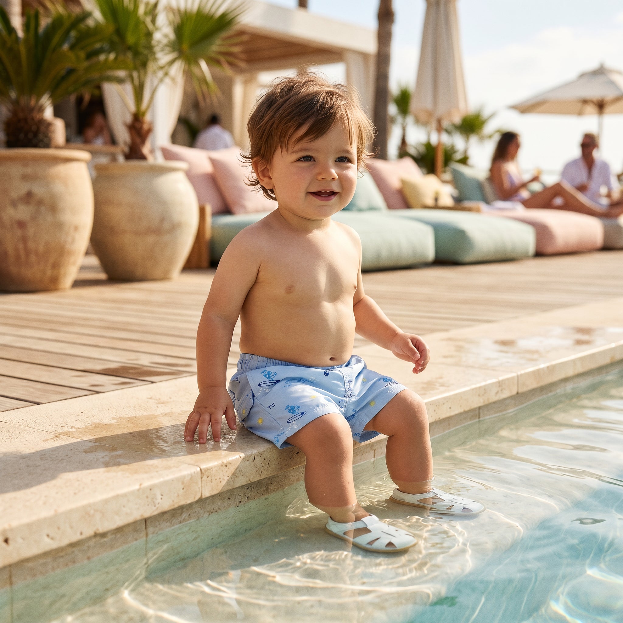 Boys Blue Seaside Print Swim Shorts