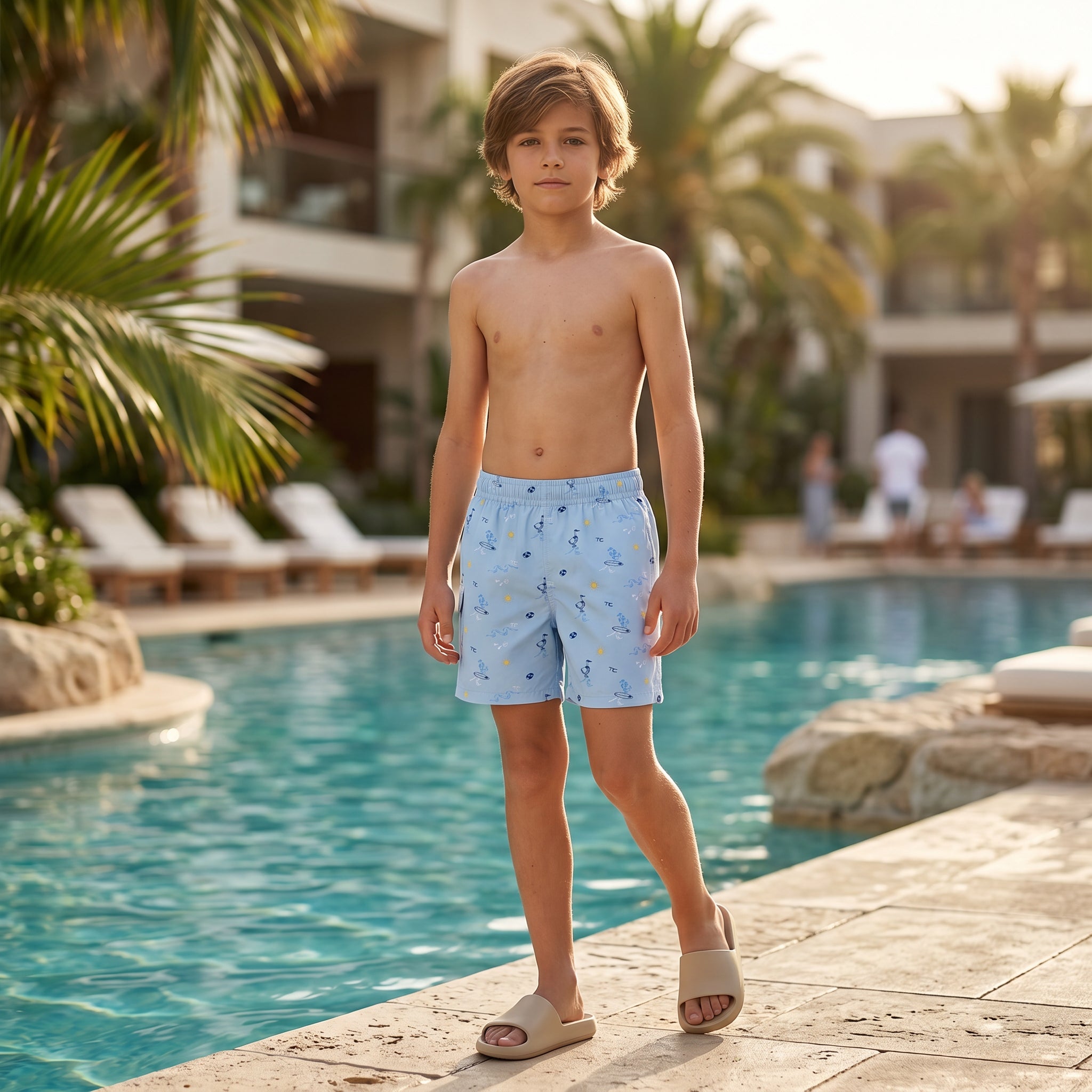 Boys Blue Seaside Print Swim Shorts