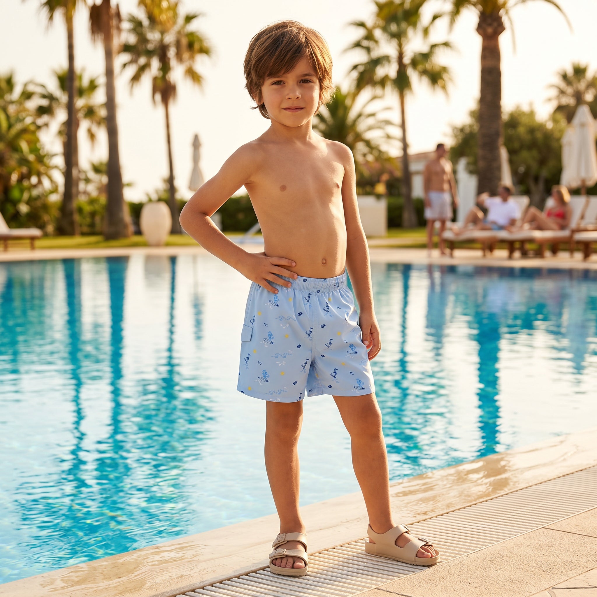 Boys Blue Seaside Print Swim Shorts