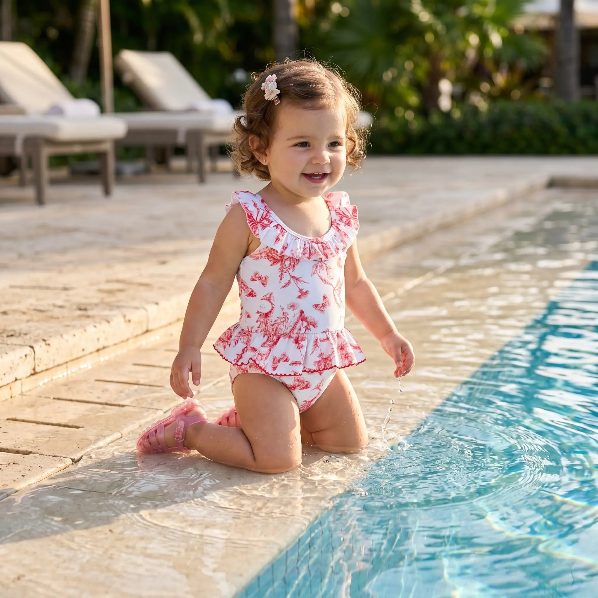 Girls Pink Toile de Jouy Swimsuit TARTINE ET CHOCOLAT