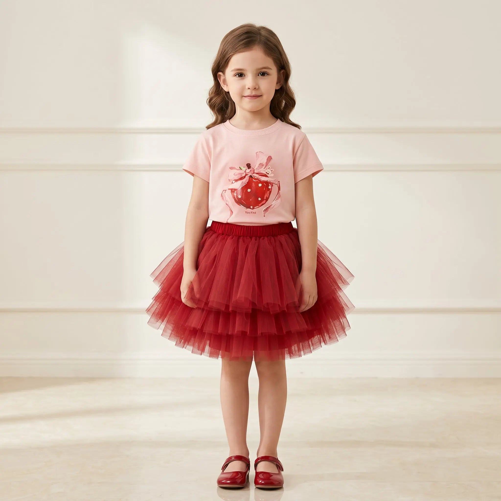 Girls Pink Strawberry T-Shirt & Red Tulle Skirt Set Sol Vera