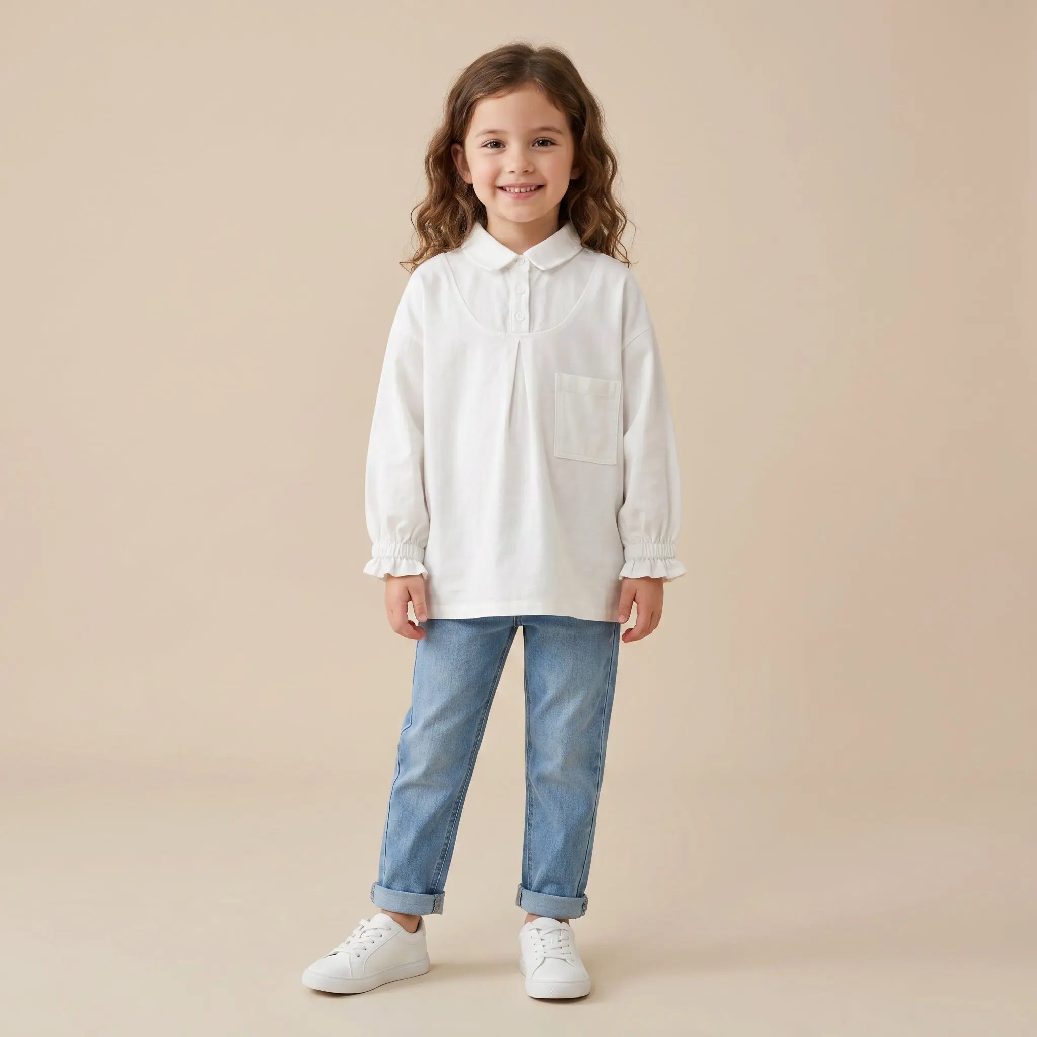 Girls White Long Sleeve Shirt with Pocket Detail Sol Vera