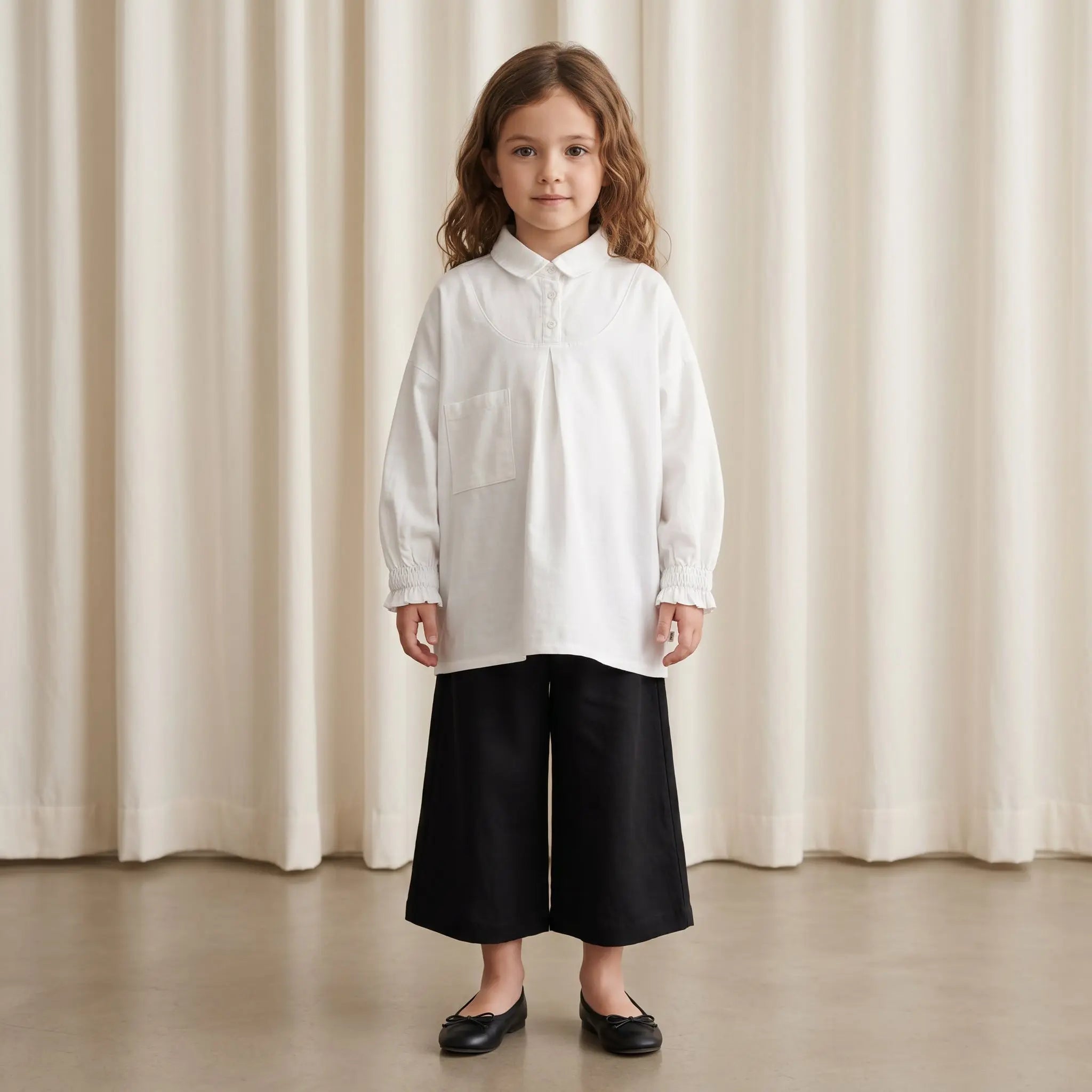Girls White Long Sleeve Shirt with Pocket Detail Sol Vera