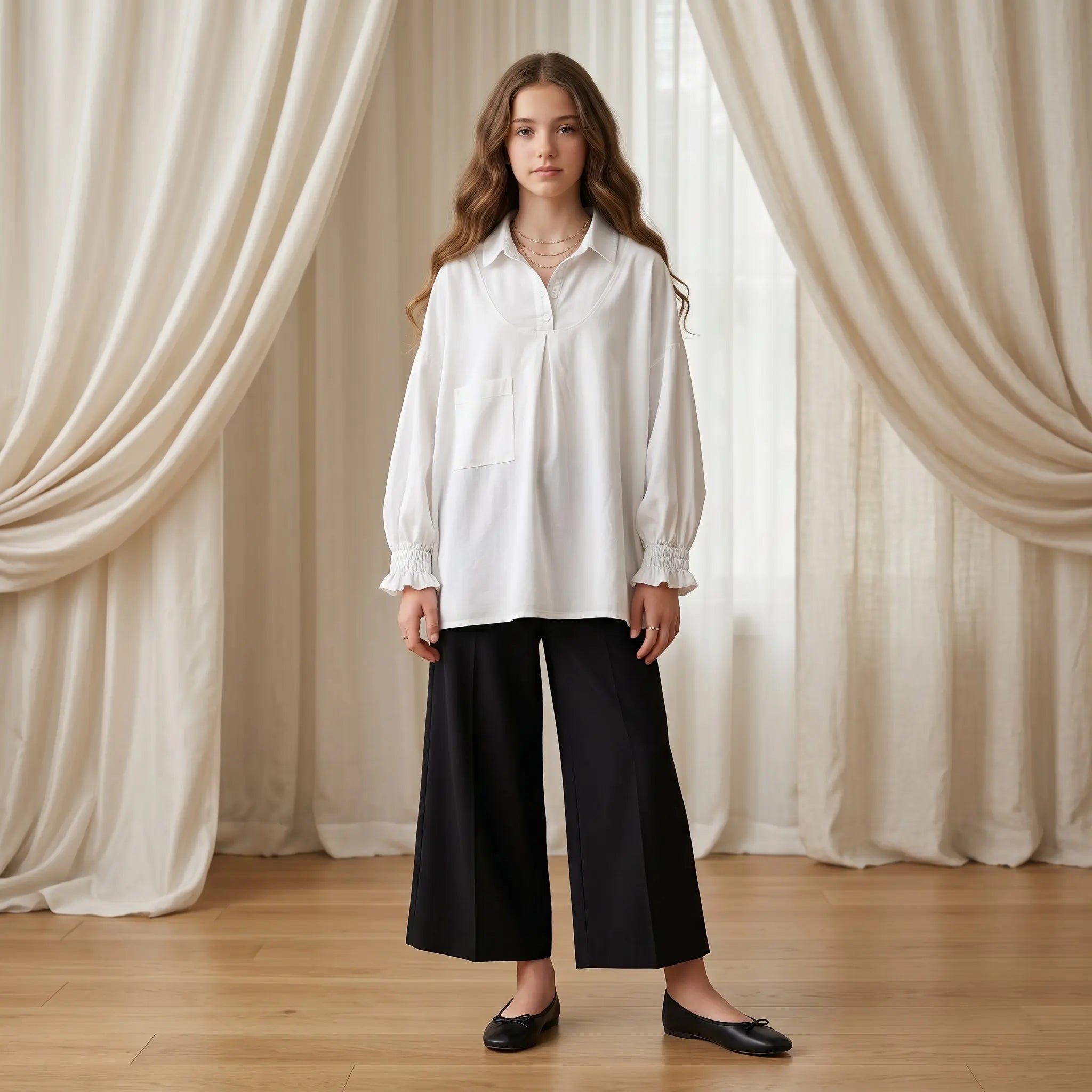 Girls White Long Sleeve Shirt with Pocket Detail Sol Vera
