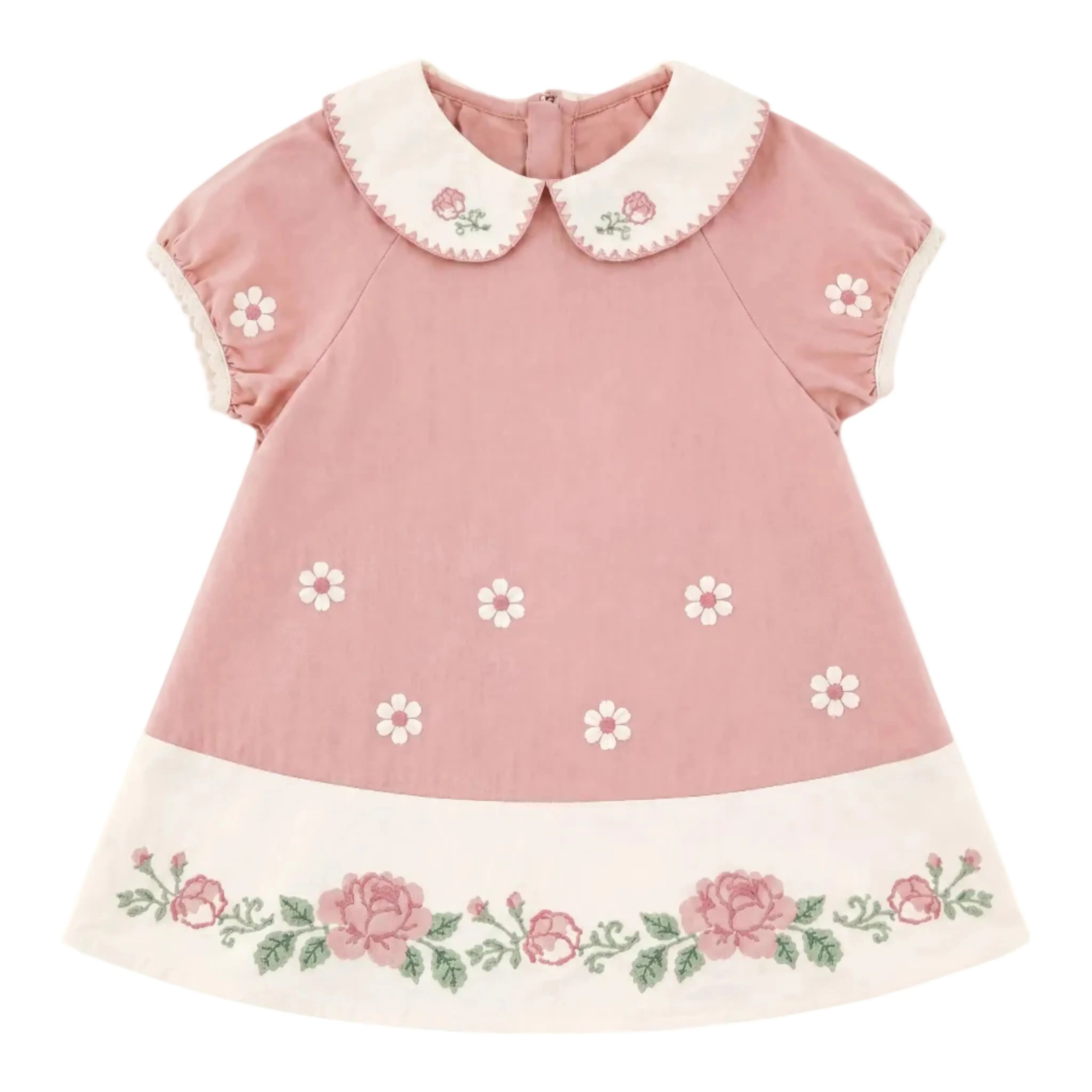 Girls Pink Floral Embroidered Dress with Peter Pan Collar Sol Vera