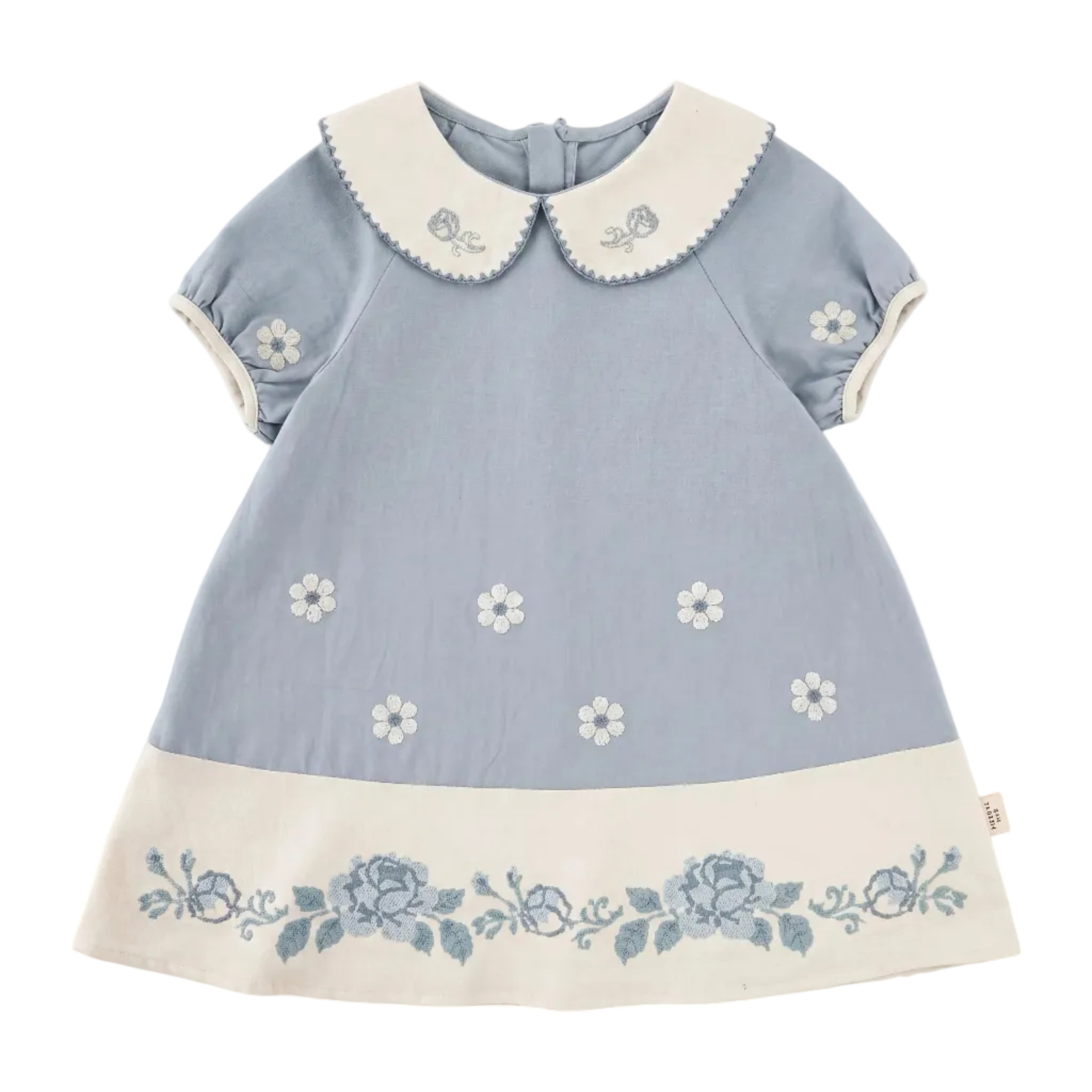 Girls Blue Floral Embroidered Dress with Peter Pan Collar Sol Vera