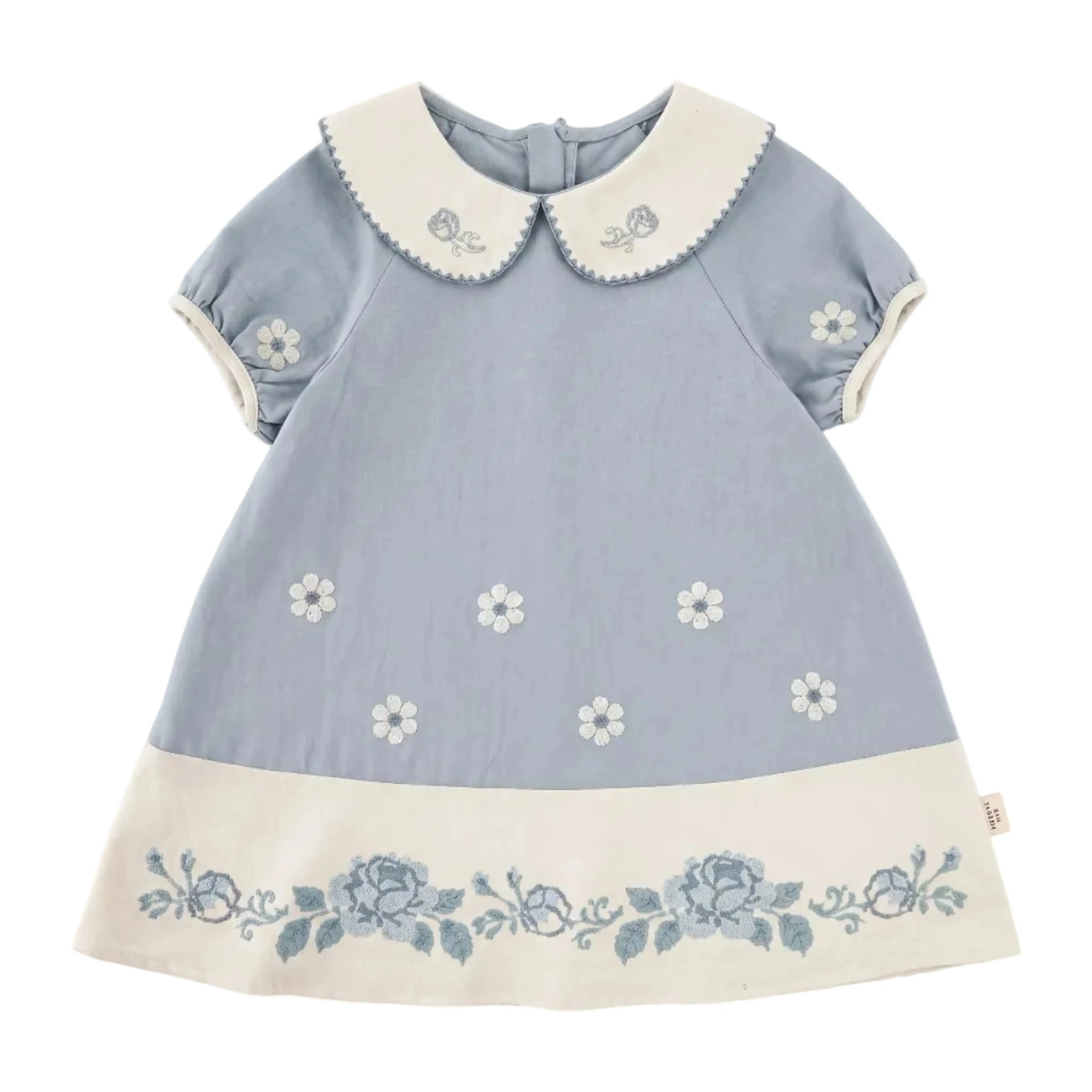 Girls Blue Floral Embroidered Dress with Peter Pan Collar Sol Vera