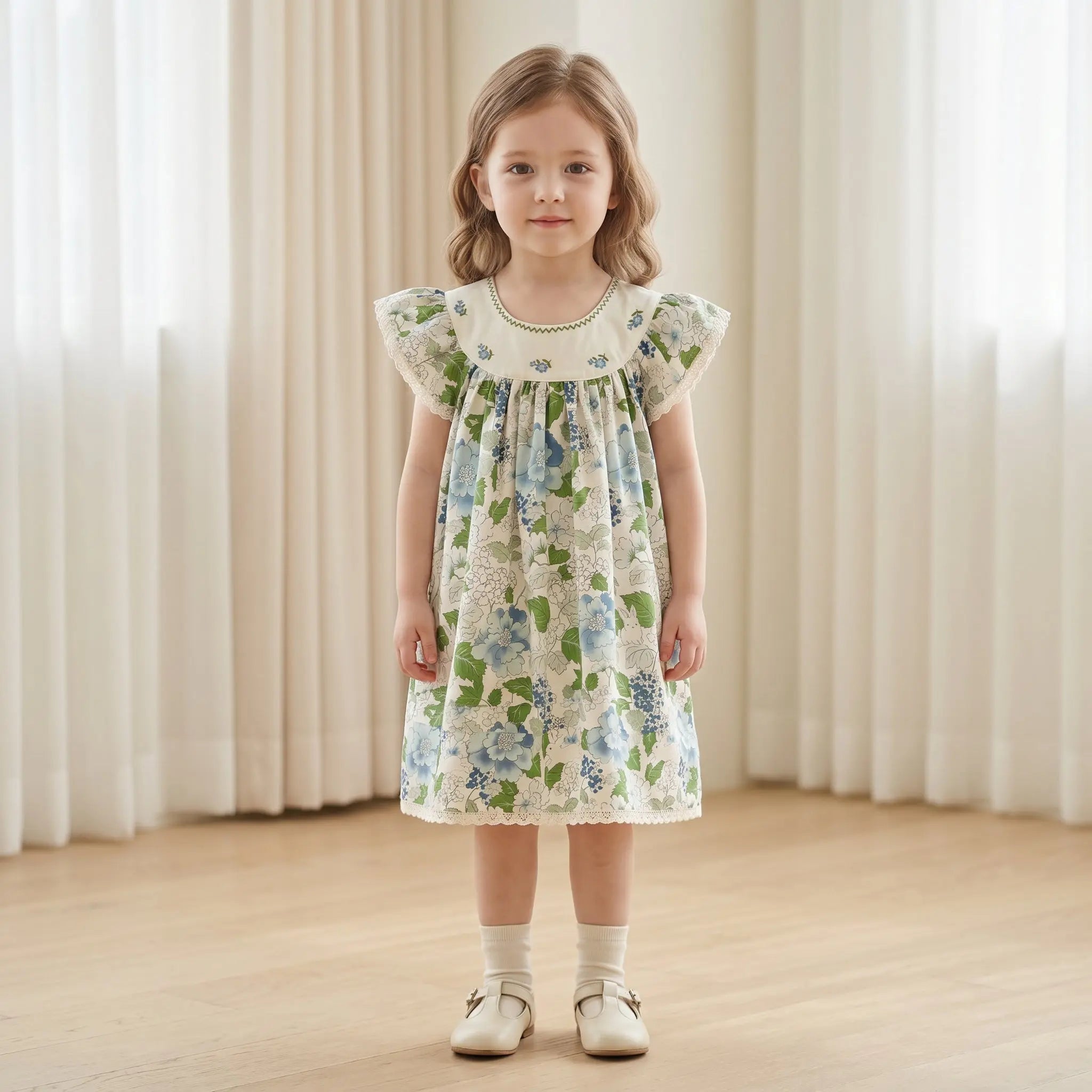Girls Blue Floral Dress with Embroidered Collar Sol Vera