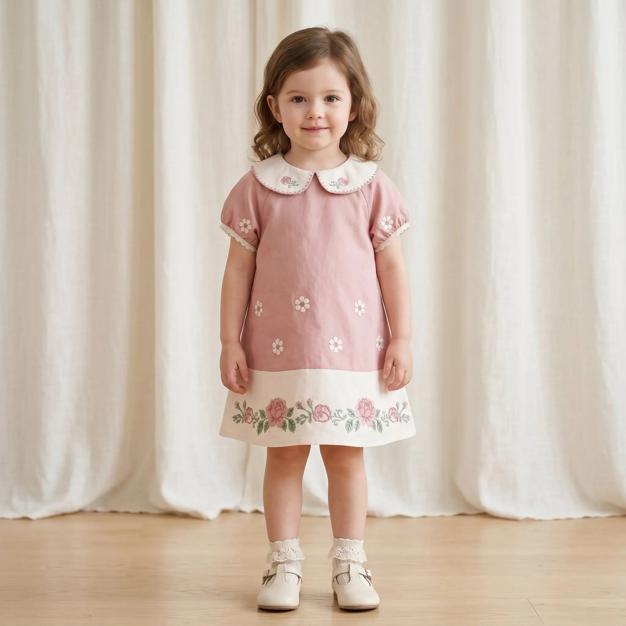 Girls Pink Floral Embroidered Dress with Peter Pan Collar Sol Vera