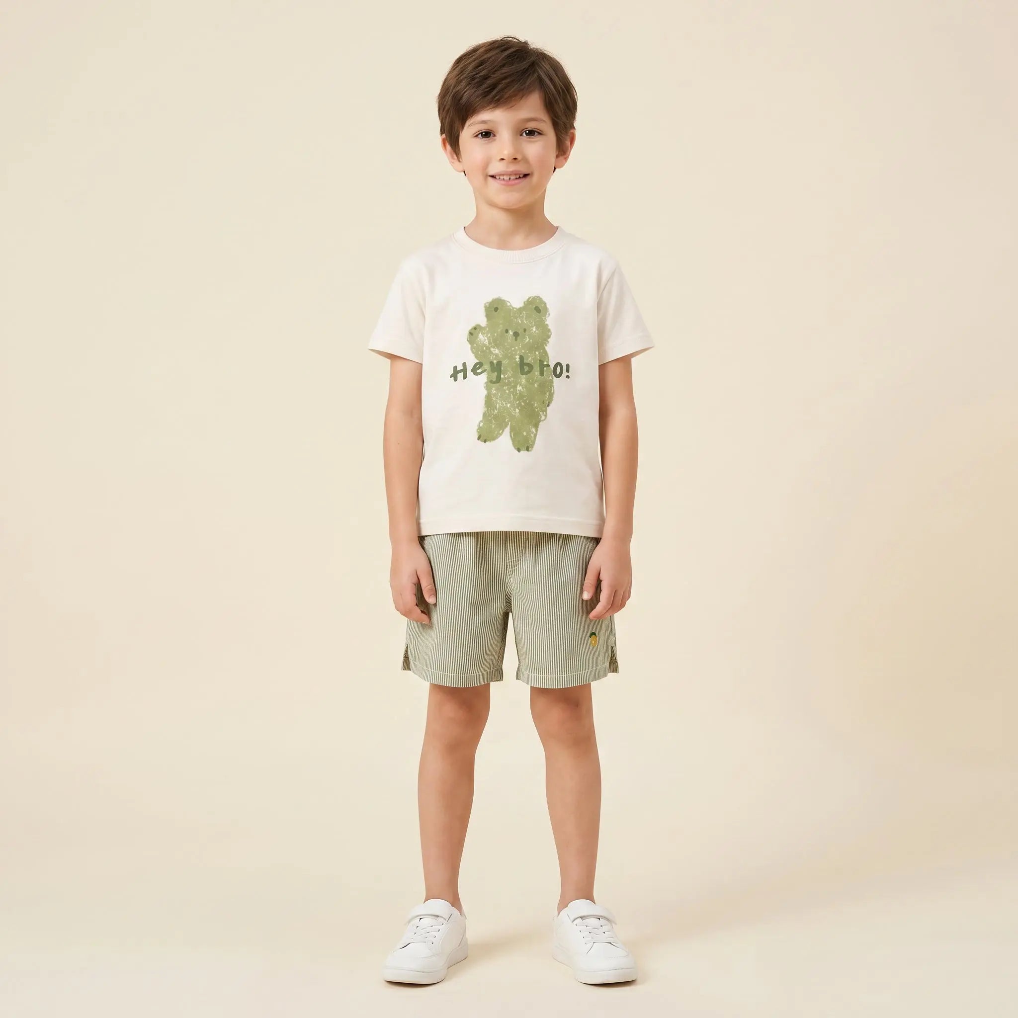 Boys Cream Graphic T-Shirt & Striped Shorts Set Sol Vera