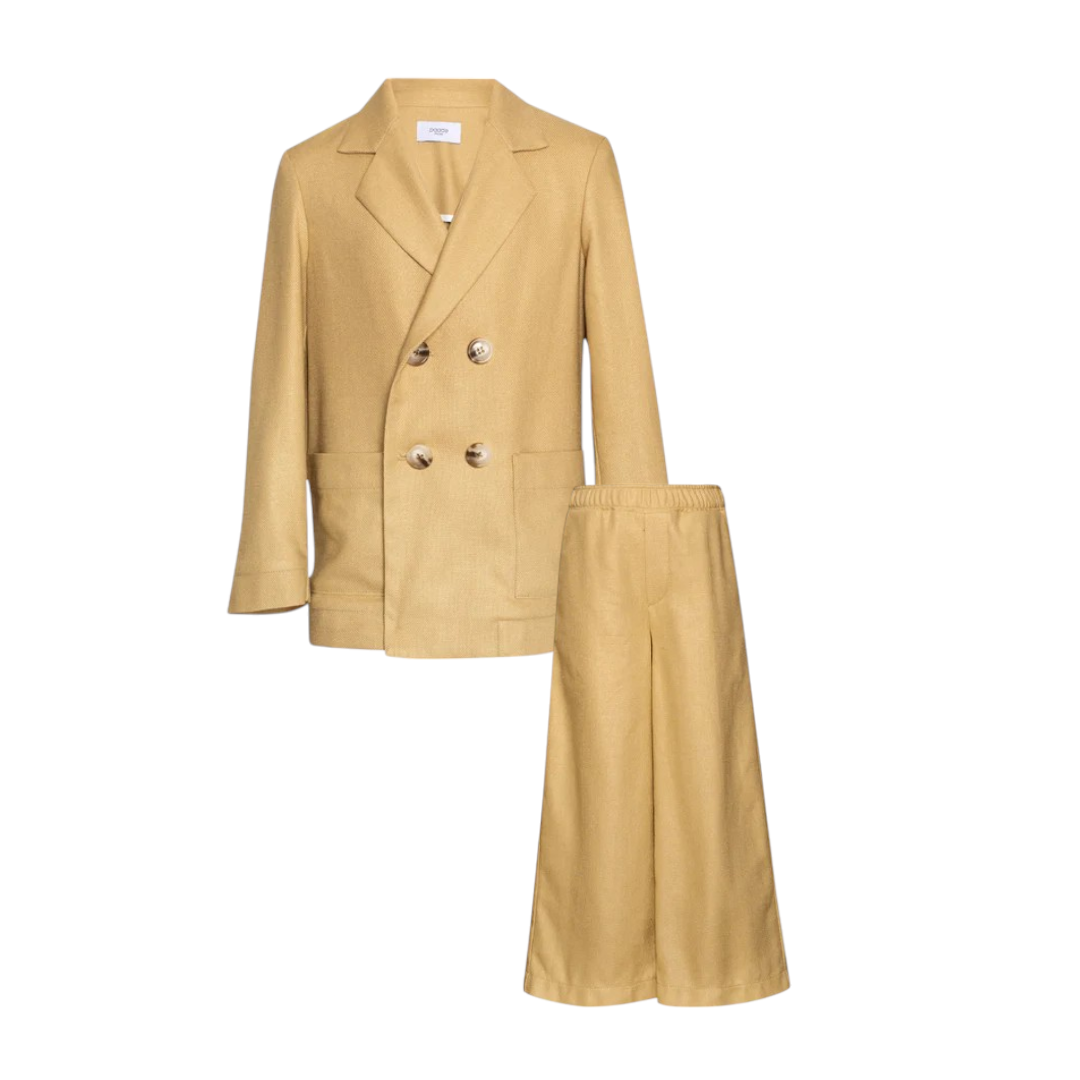 Beige Linen Double Breasted Jacket & Wide Trousers