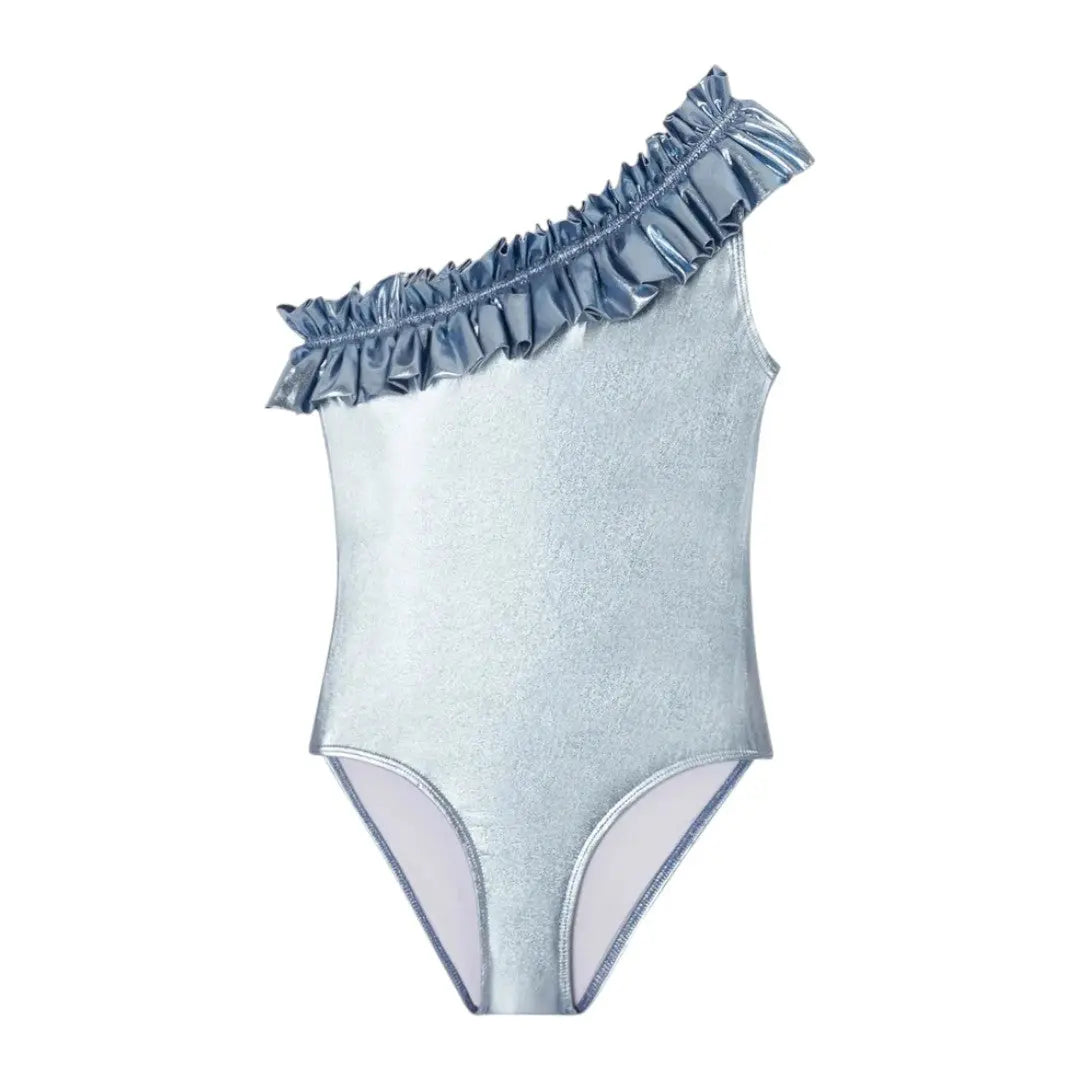 Venus Shiny Metallic One Shoulder Swimsuit - Light Blue LISON PARIS