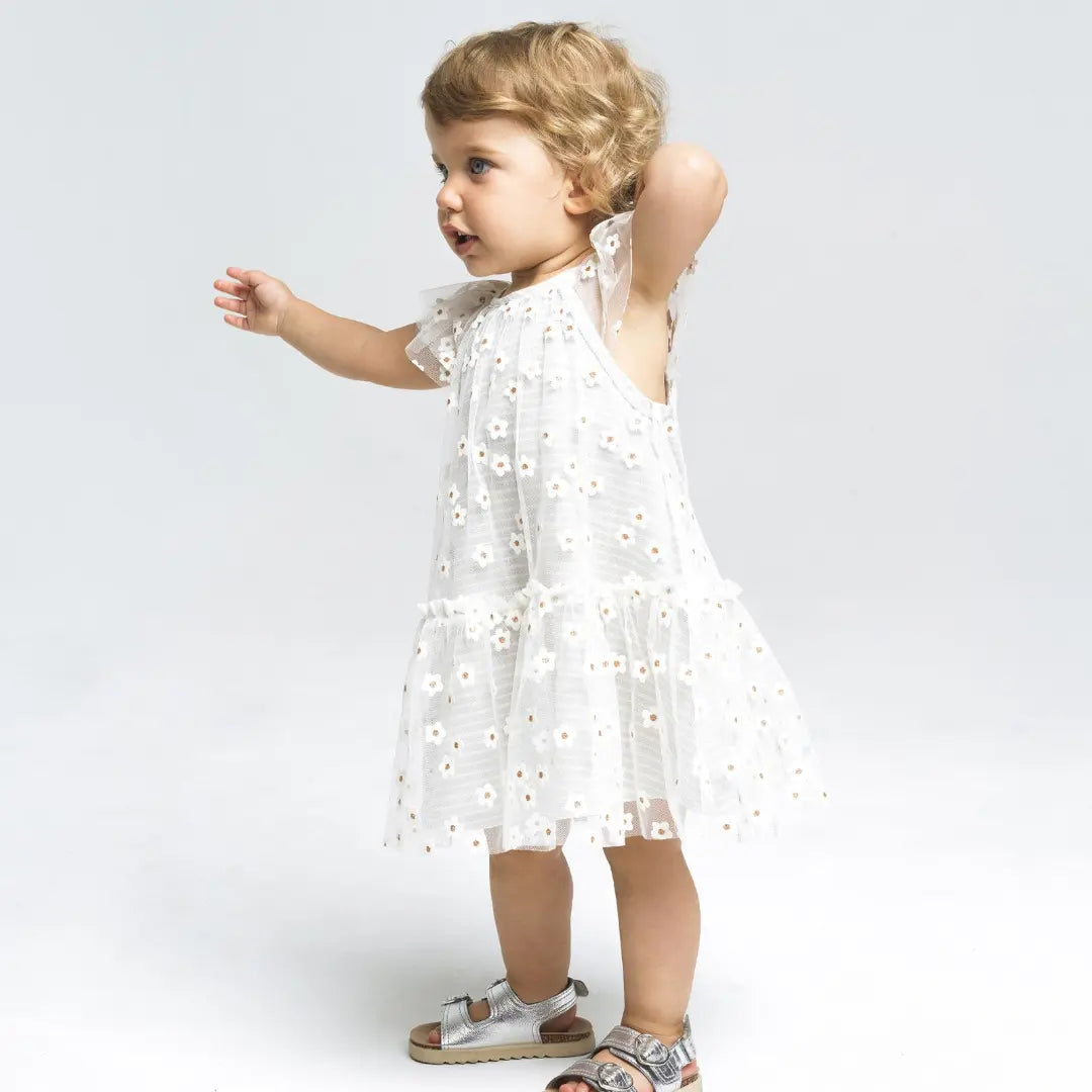 Girls Striped Daisies Cotton Dress with Tulle Details YELL OH!