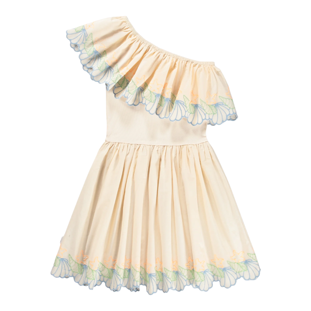Girls Pearled Ivory One-Shoulder Dress