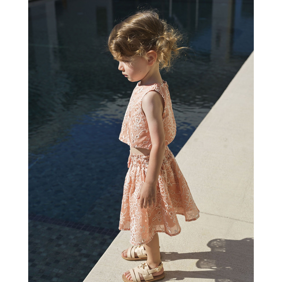 Girls Peach Quartz Embroidered Lace Top & Skirt Set