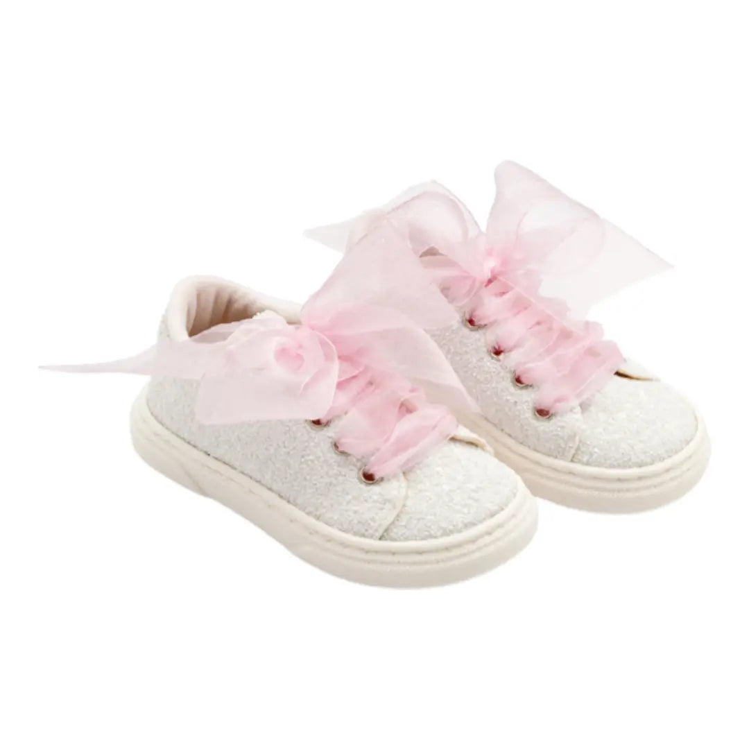 BabyWalker White Glitter Girls Sneakers with Pink Tulle Laces BABYWALKER