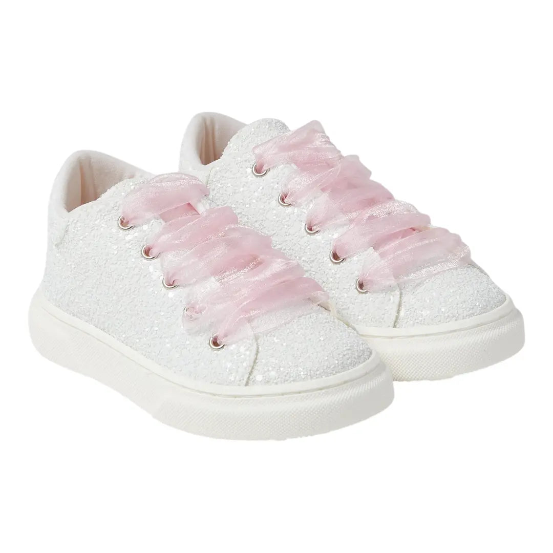 BabyWalker White Glitter Girls Sneakers with Pink Tulle Laces BABYWALKER