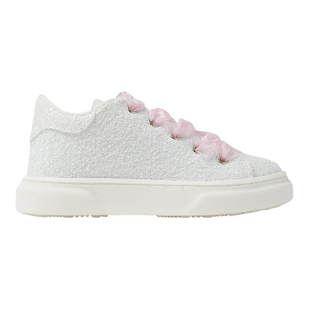 BabyWalker White Glitter Girls Sneakers with Pink Tulle Laces BABYWALKER
