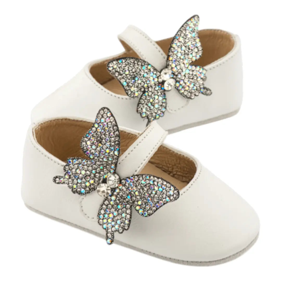 BabyWalker White Leather Baby Ballerina Shoes with Side Crystal Butterfly BABYWALKER