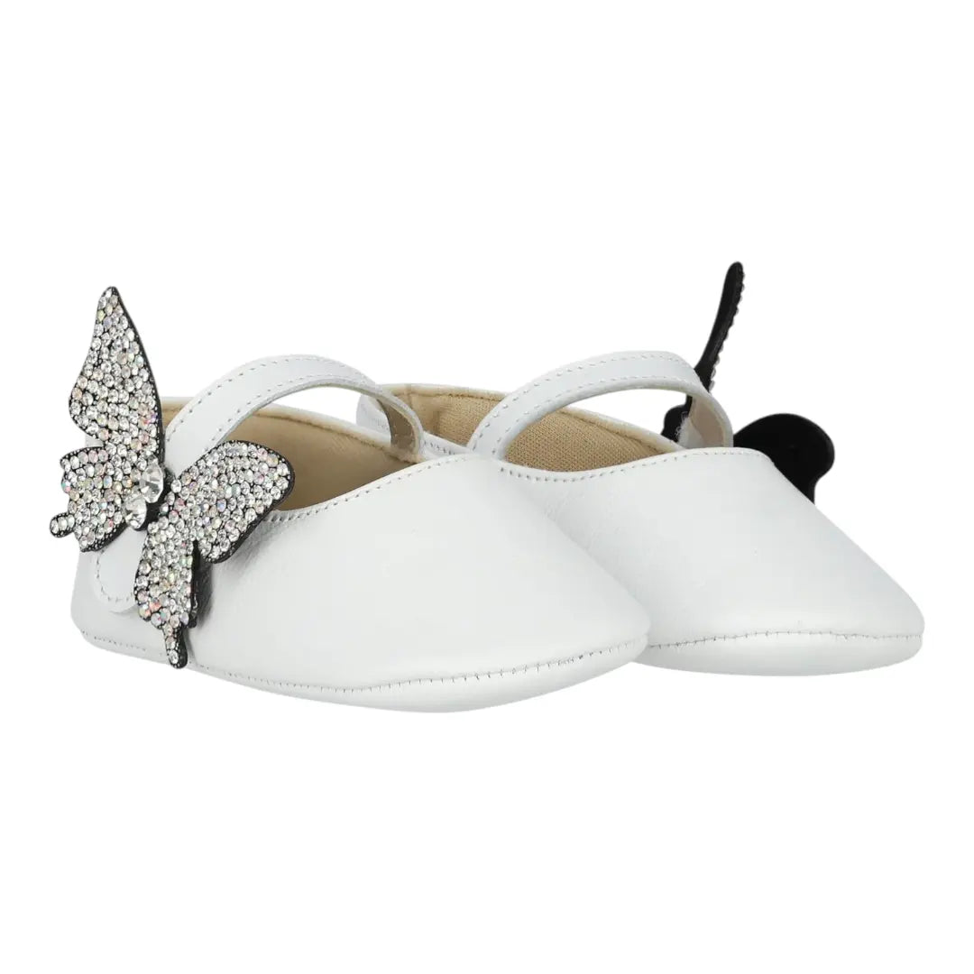 BabyWalker White Leather Baby Ballerina Shoes with Side Crystal Butterfly BABYWALKER