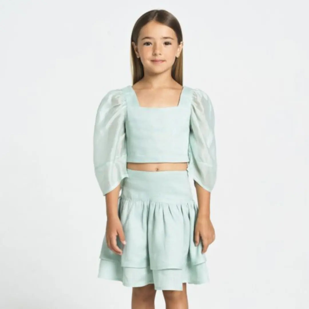 Girls Dusty Aqua Linen Top & Double Ruffle Skirt Set YELL OH!