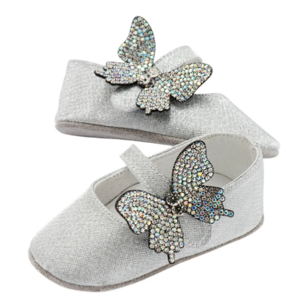 BabyWalker Silver Glitter Baby Girls Ballerina Shoes with Butterfly BABYWALKER