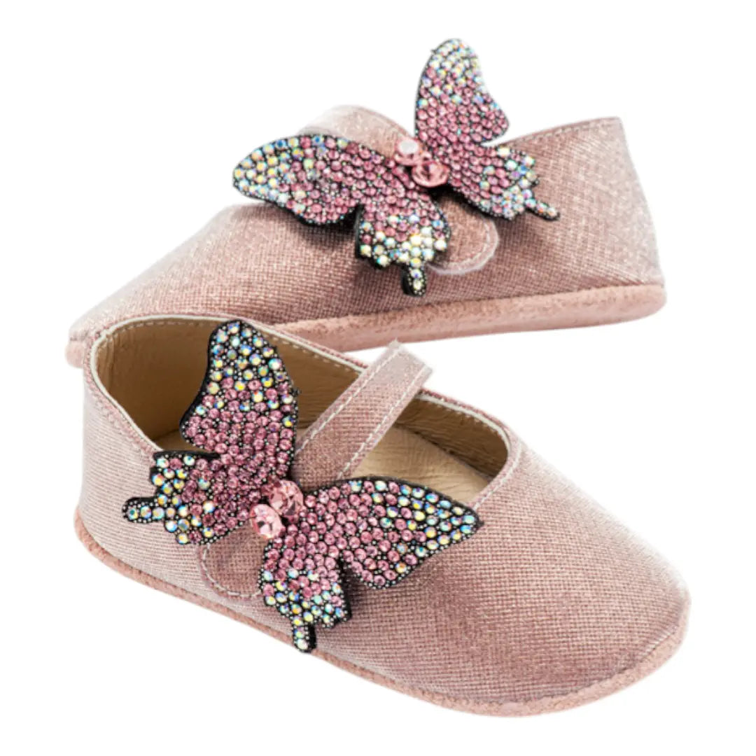 BabyWalker Dusty Pink Glitter Baby Girls Ballerina Shoes with Butterfly BABYWALKER