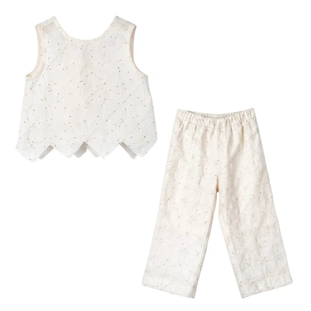 Girls Ecru Embroidered Rhombus Top & Pants Set YELL OH!