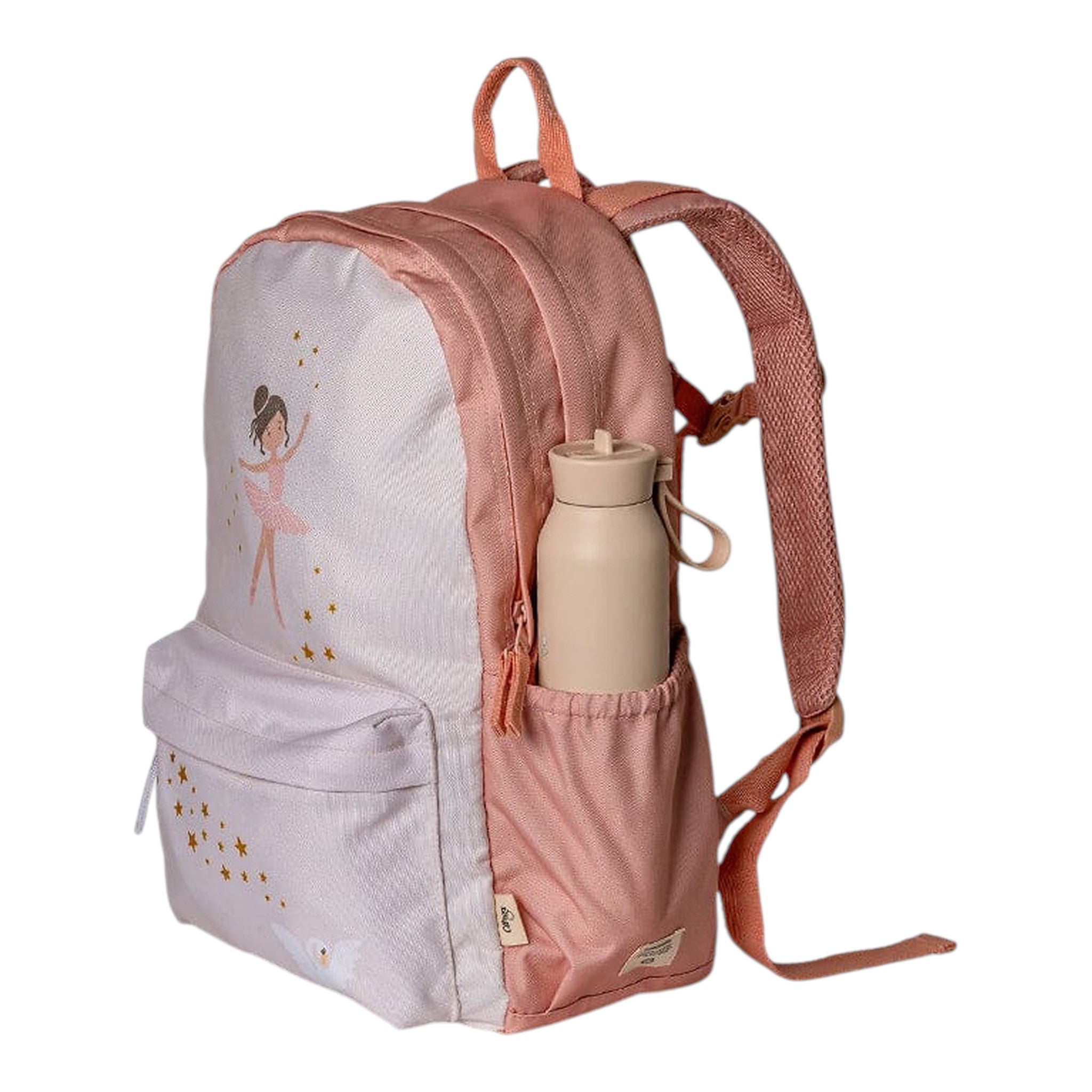 Lil Bunnies - The Collective Grand Backpack in pink and white featuring a ballerina and gold star print with side pocket