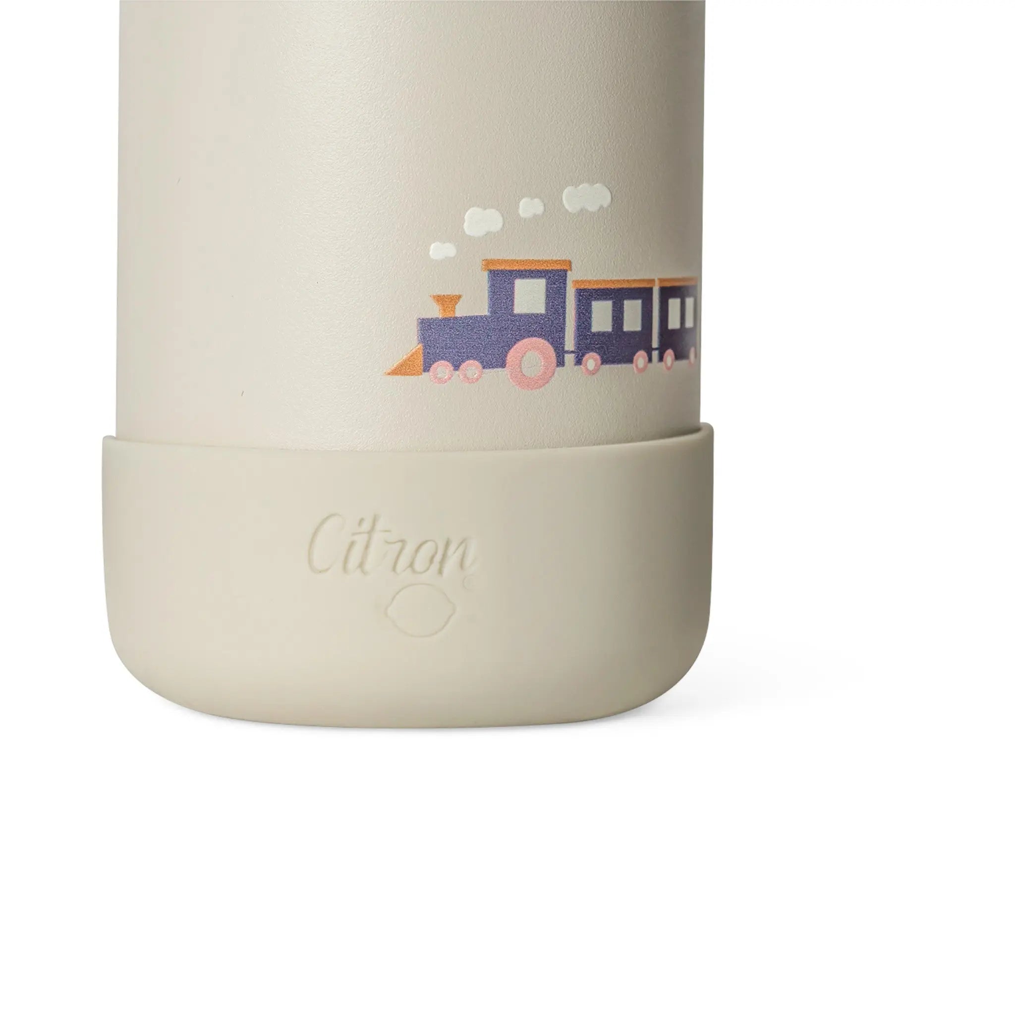 Lil Bunnies - The Collective 250ml beige mini water bottle featuring a cute train illustration and protective base.