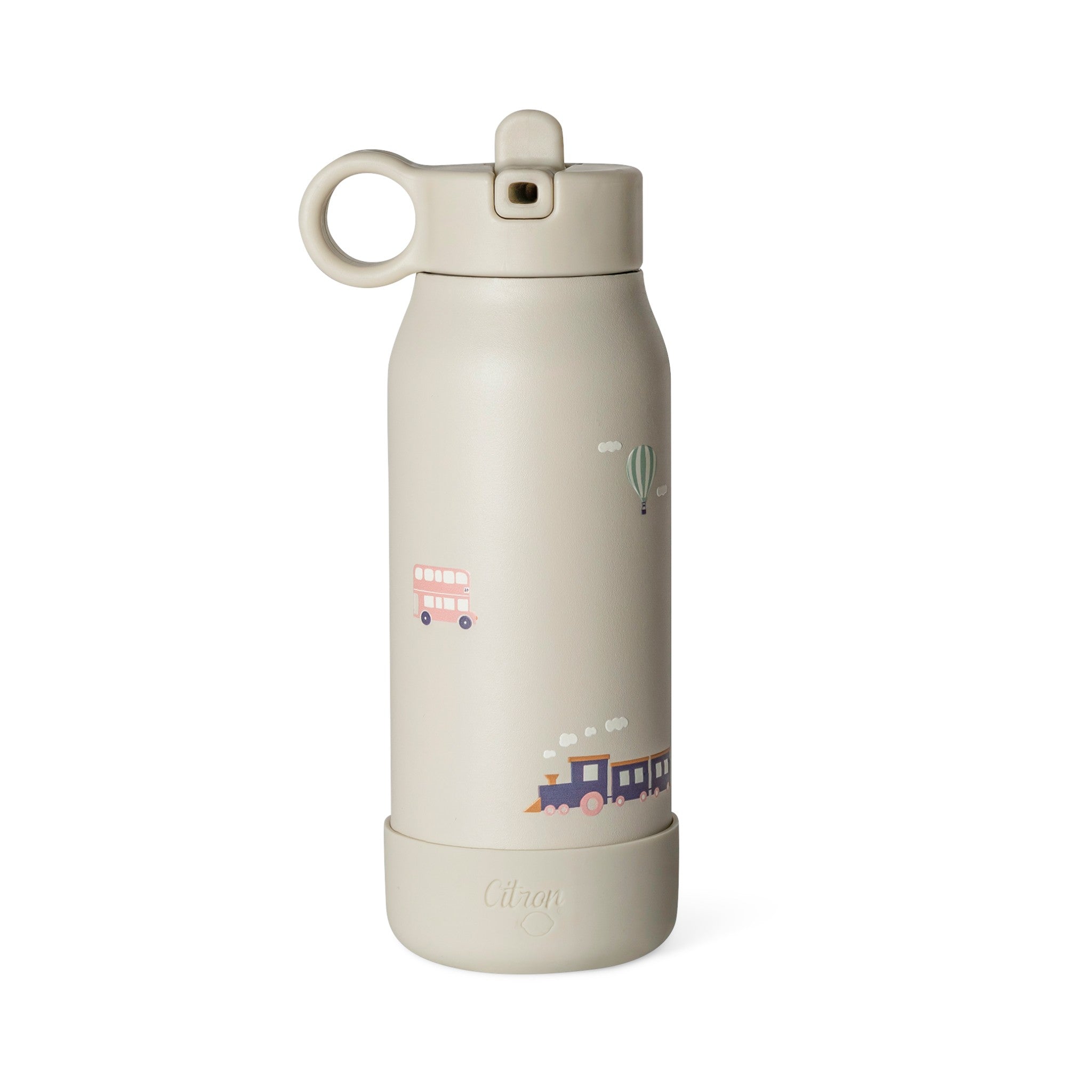 Lil Bunnies - The Collective 250ml beige mini water bottle featuring colourful vehicle illustrations for children.