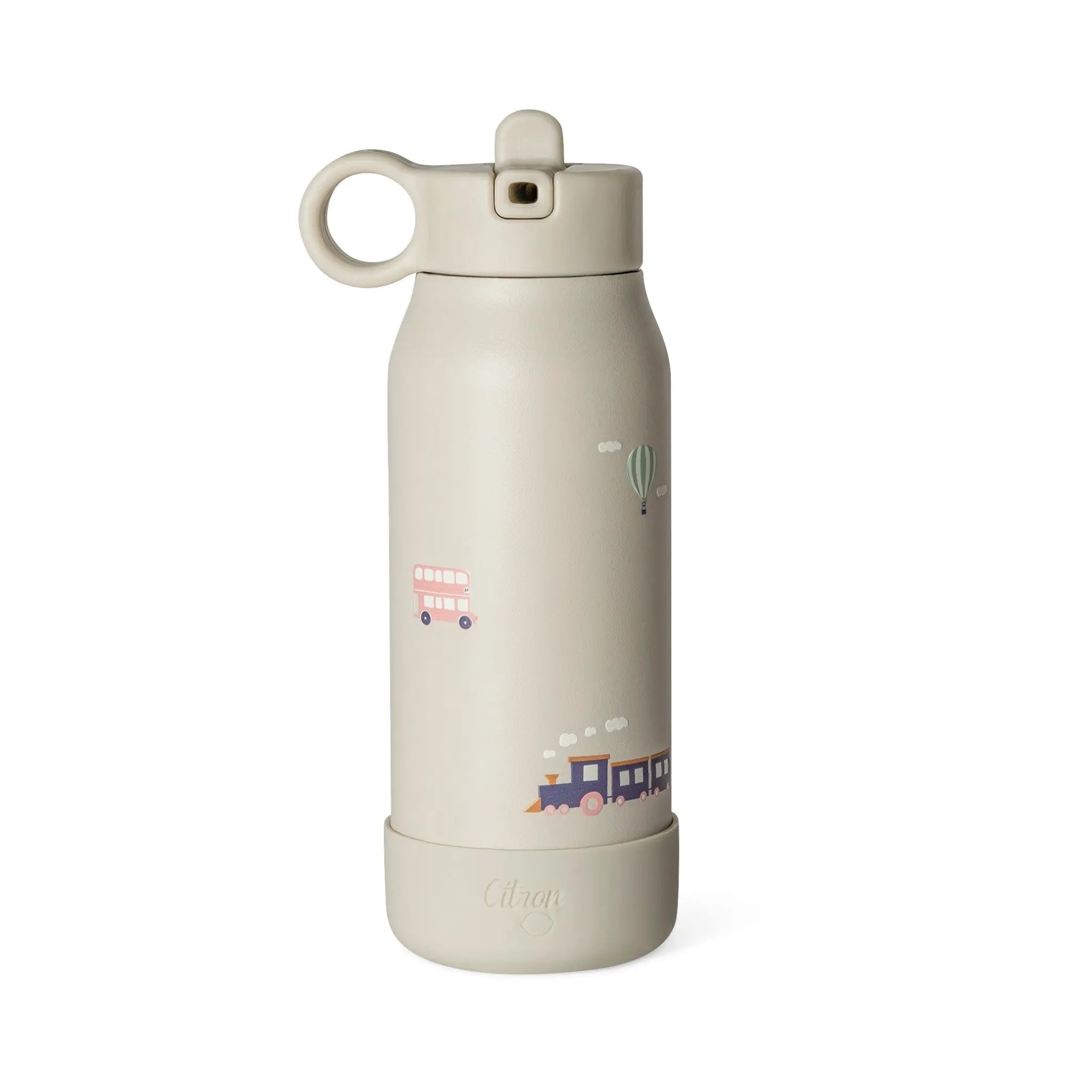 Lil Bunnies - The Collective 250ml beige mini water bottle featuring colourful vehicle illustrations for children.