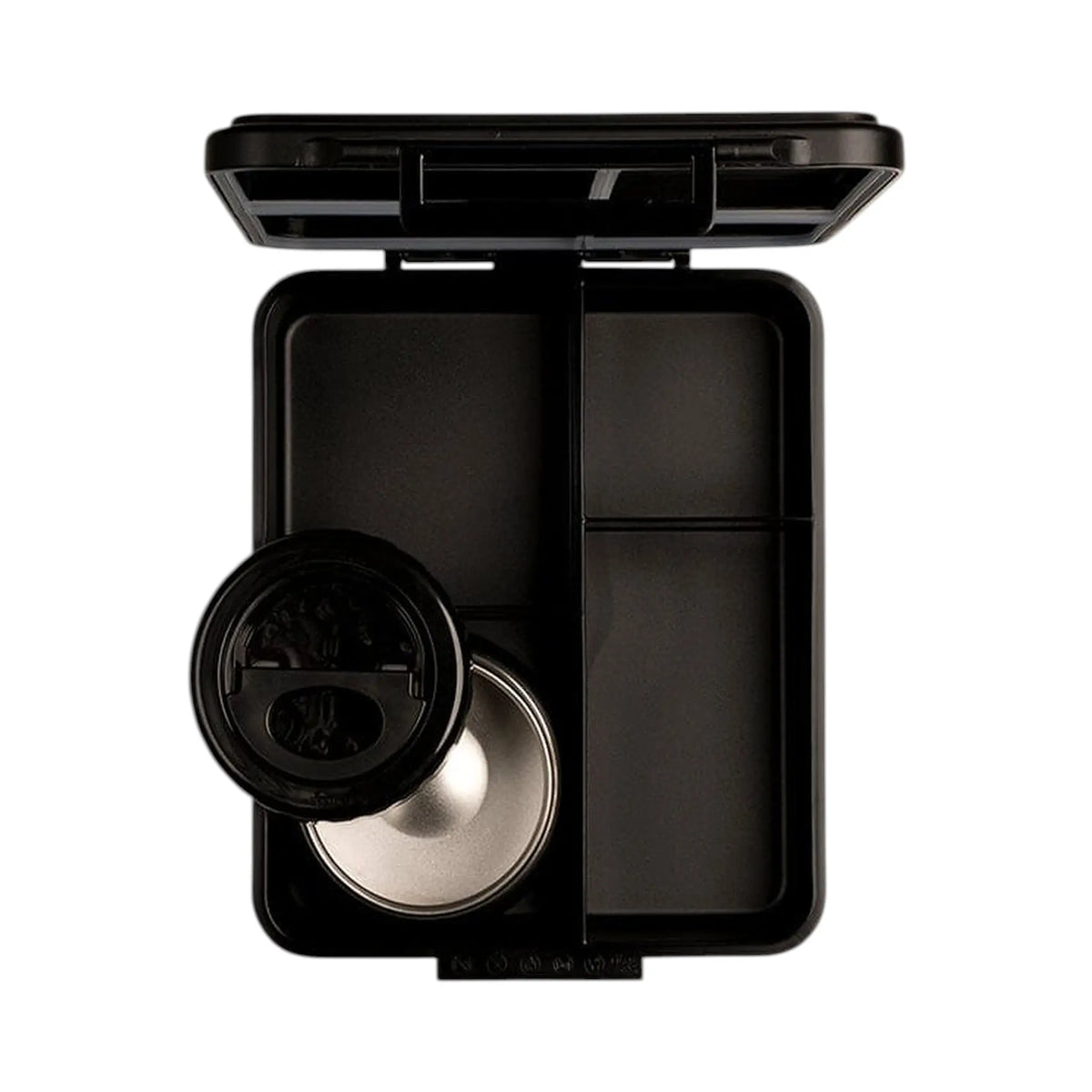 Lil Bunnies - The Collective black gaming lunchbox with an integrated insulated food jar and divided compartments.