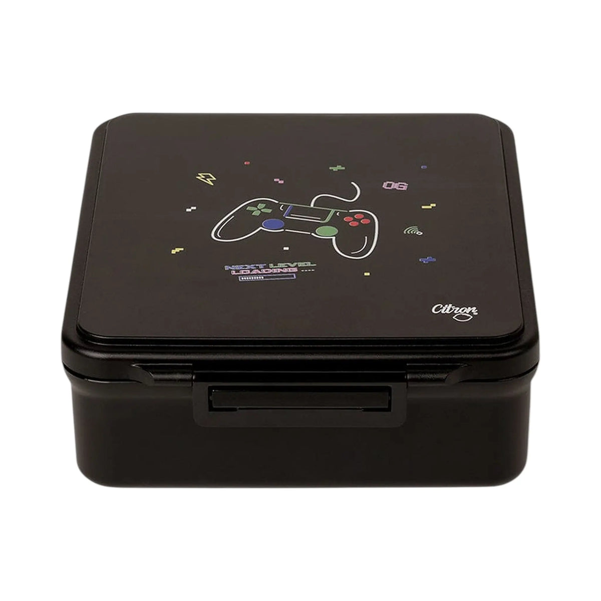 Lil Bunnies - The Collective black gaming-themed lunchbox with a video game controller graphic and loading bar design.