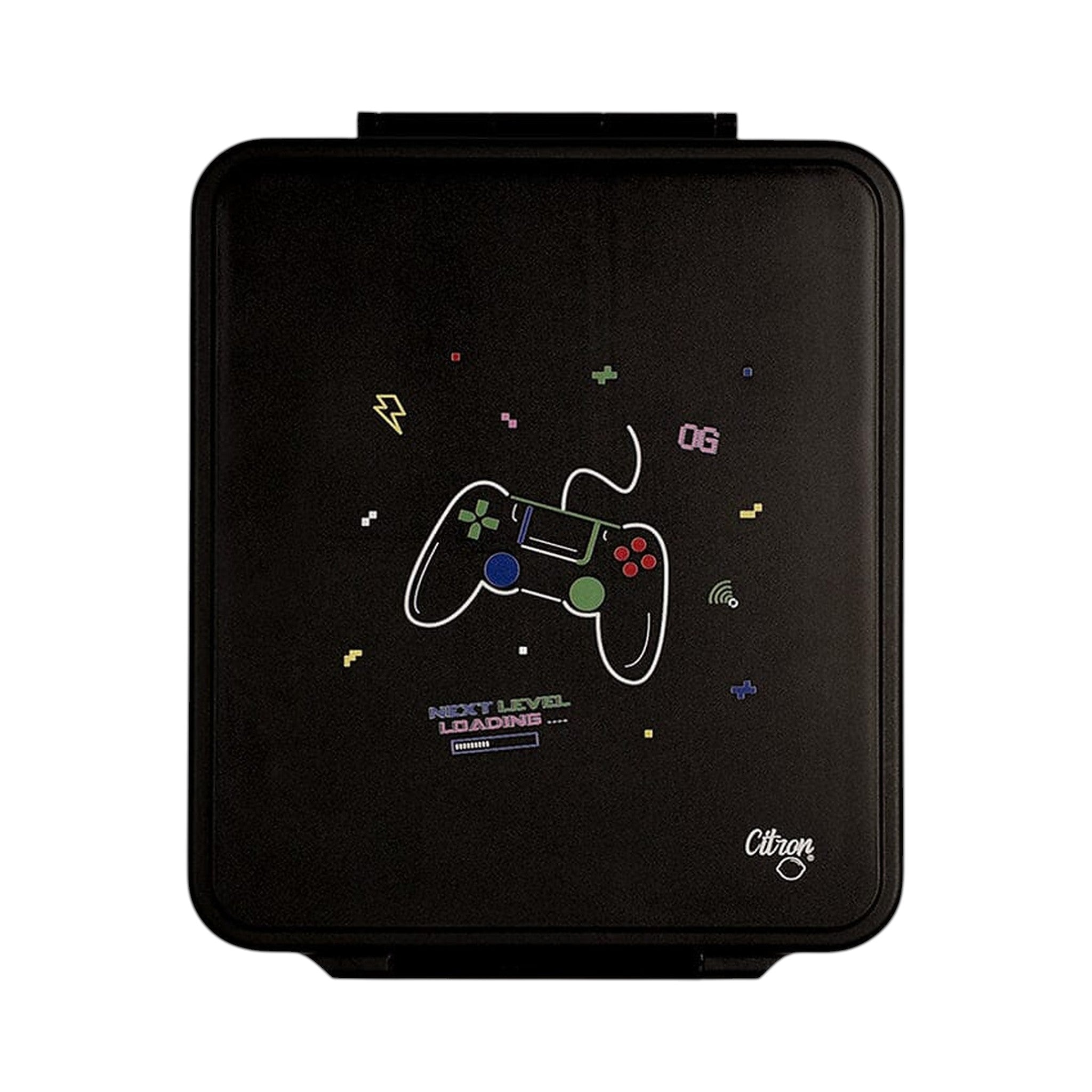 Lil Bunnies - The Collective black gaming-themed lunchbox with a white controller graphic and pixel art accents