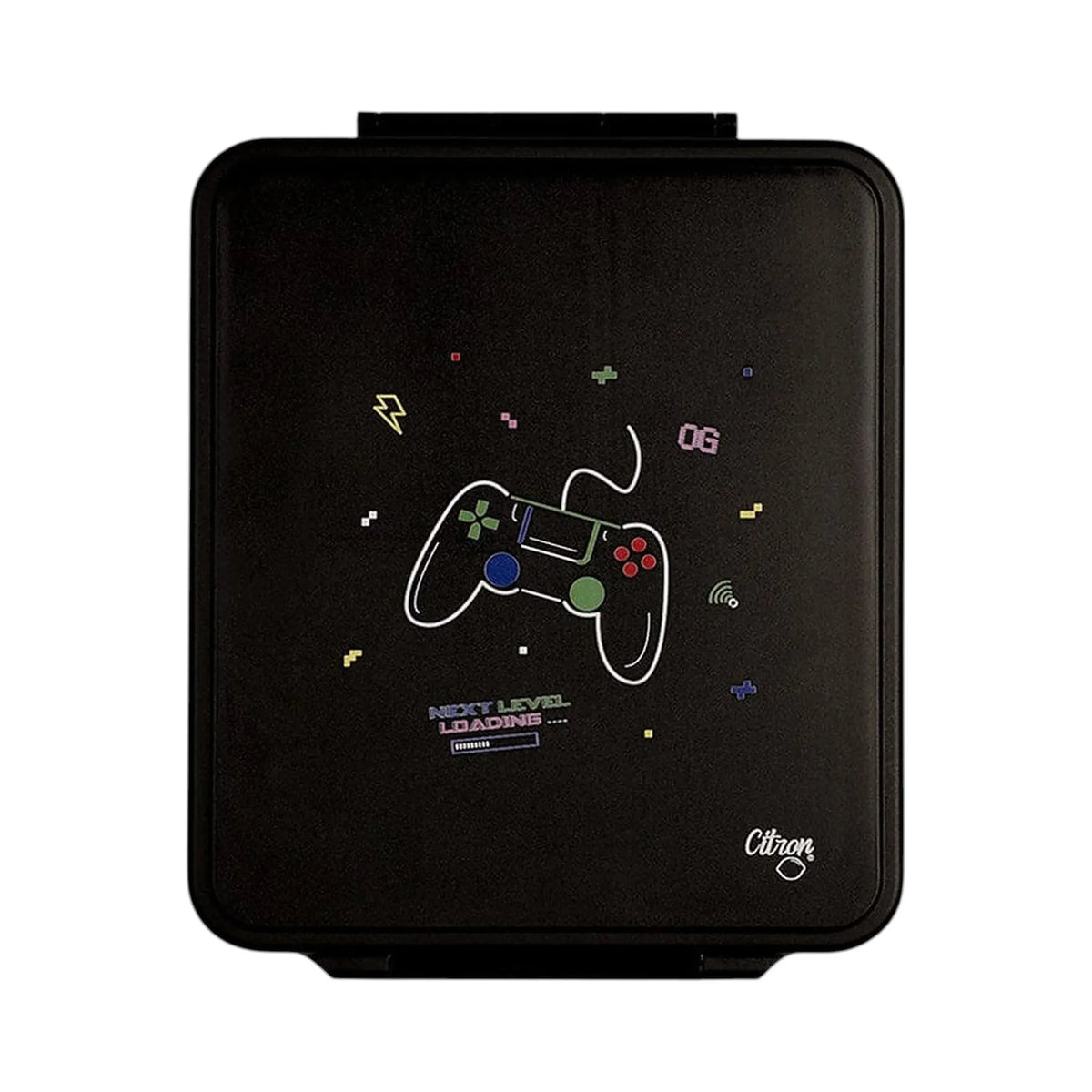 Lil Bunnies - The Collective black gaming-themed lunchbox with a white controller graphic and pixel art accents