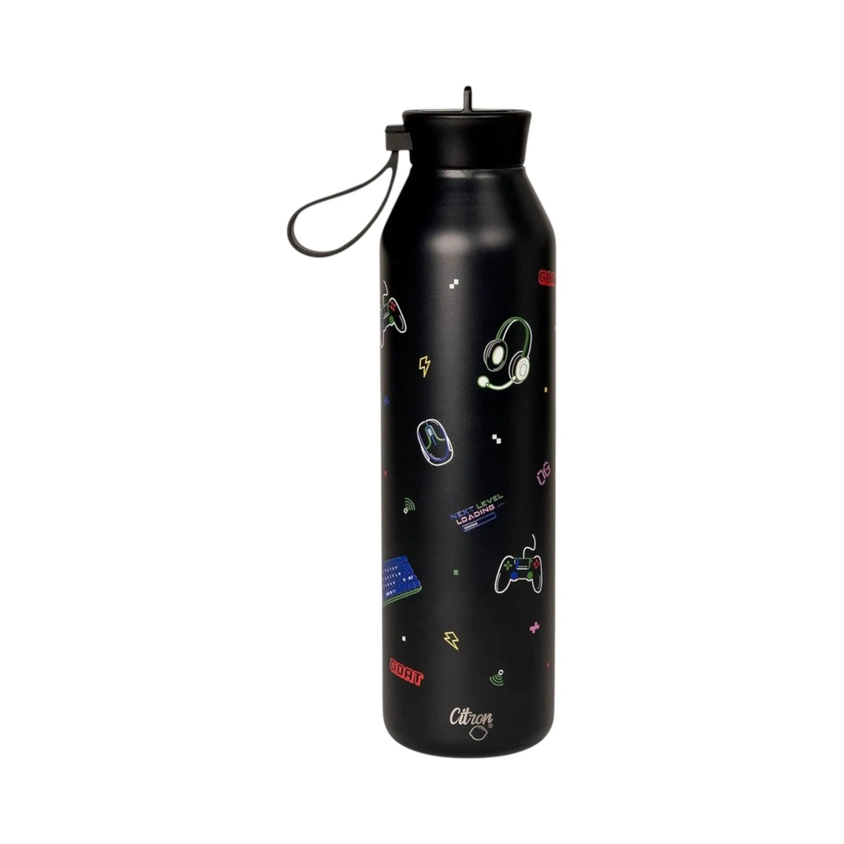 Lil Bunnies - The Collective 750ml black gaming water bottle with neon-style controller and headset icons