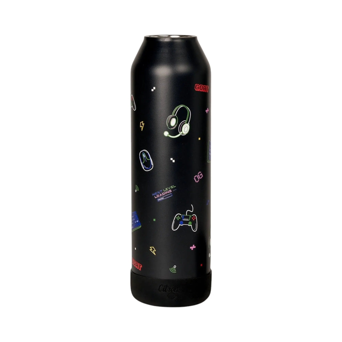 Lil Bunnies - The Collective 750ml black gaming water bottle with neon-style controller and headset icons