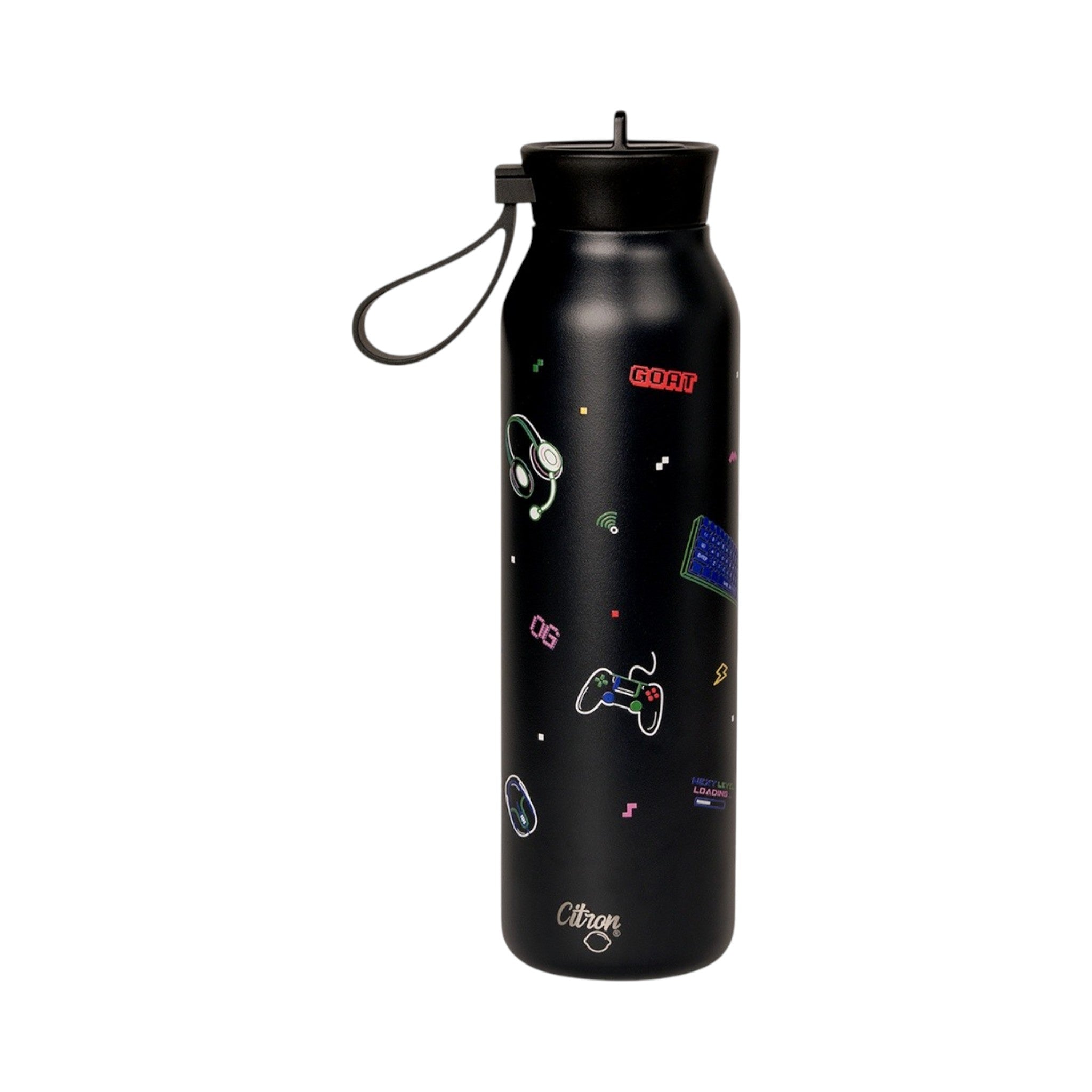 Lil Bunnies - The Collective 500ml black gaming water bottle with colourful pixel art icons and a carry loop