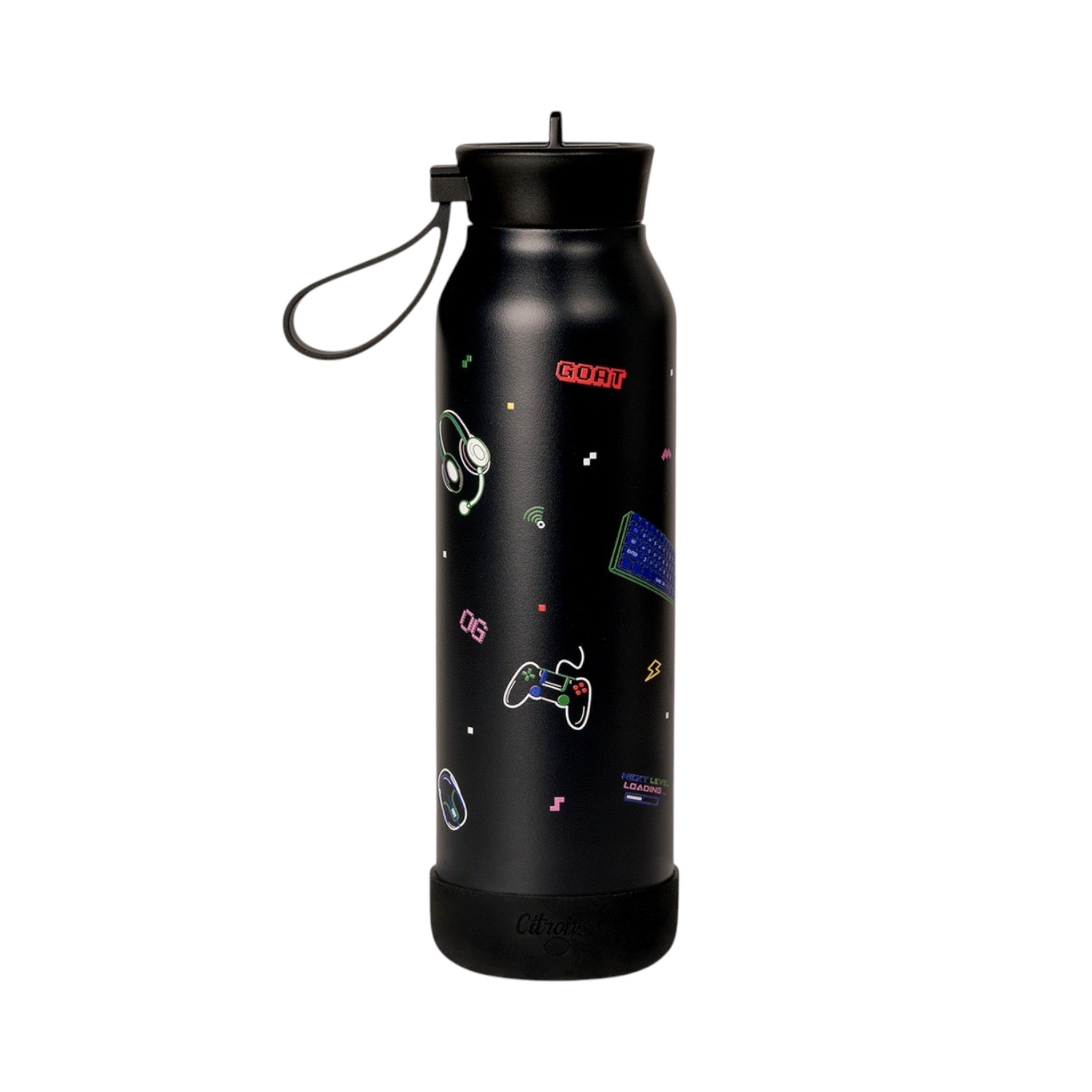 Lil Bunnies - The Collective 500ml black gaming water bottle with colourful pixel art icons and a carry loop