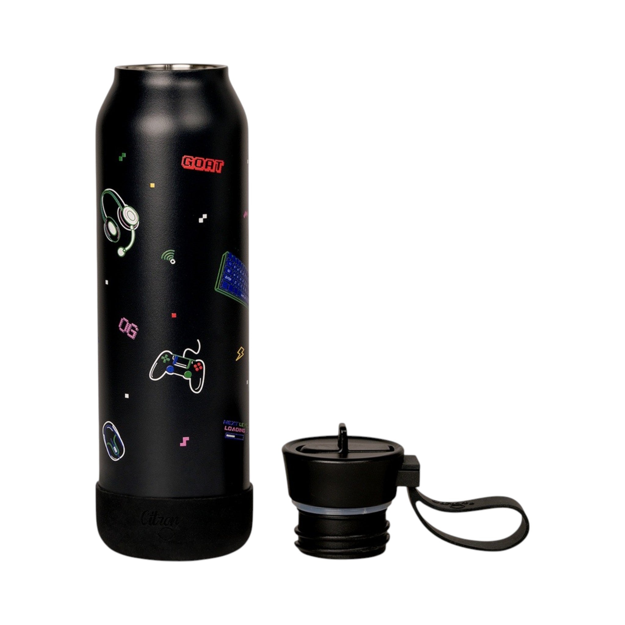 Lil Bunnies - The Collective 500ml black gaming-themed water bottle with colorful pixel art icons and a carry lid