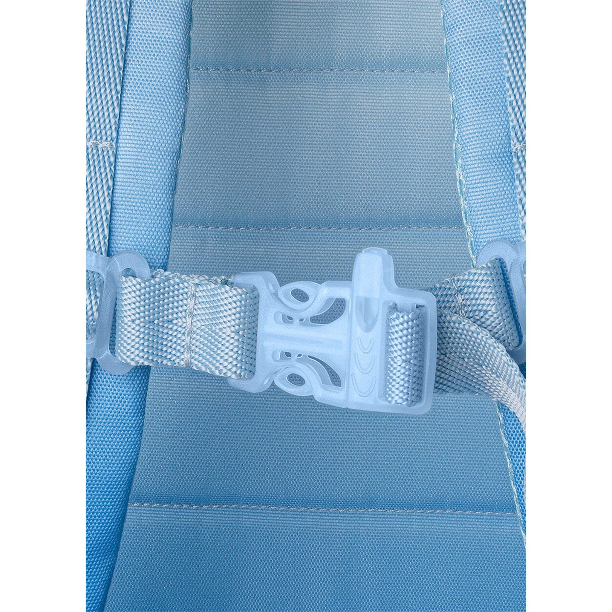 Lil Bunnies - The Collective blue backpack chest strap with a plastic buckle closure and adjustable nylon webbing.