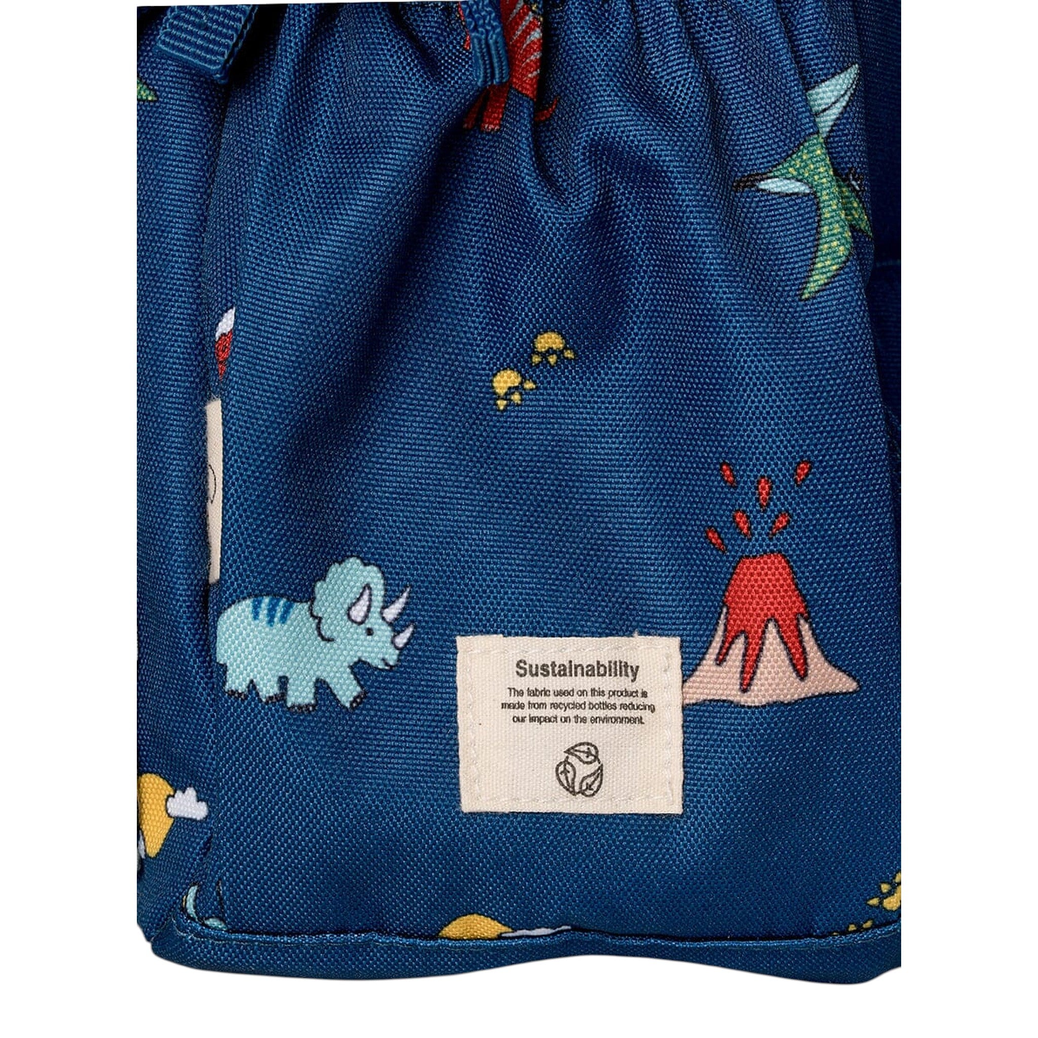 Lil Bunnies - The Collective blue medium backpack featuring a colorful dinosaur and volcano print with sustainability tag
