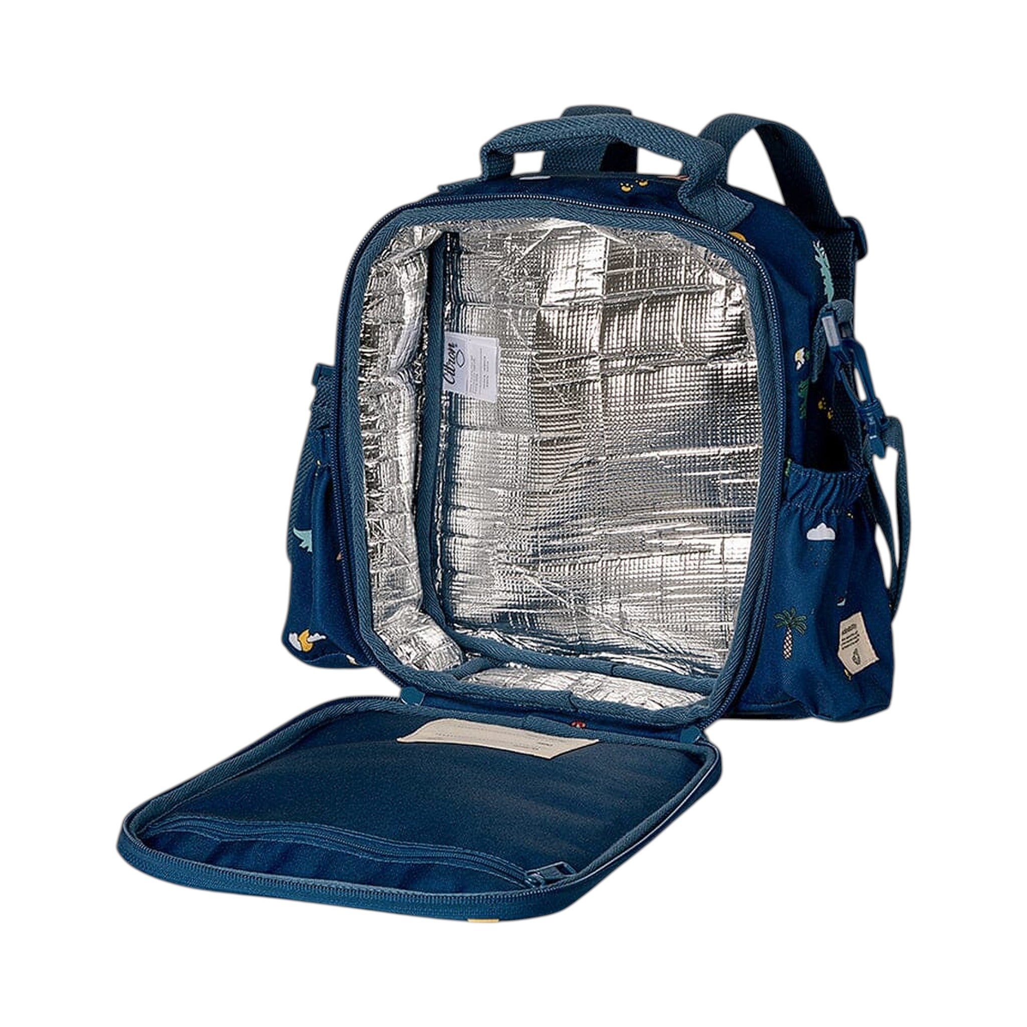 Lil Bunnies - The Collective blue insulated lunchbag backpack with dinosaur print and silver thermal interior lining