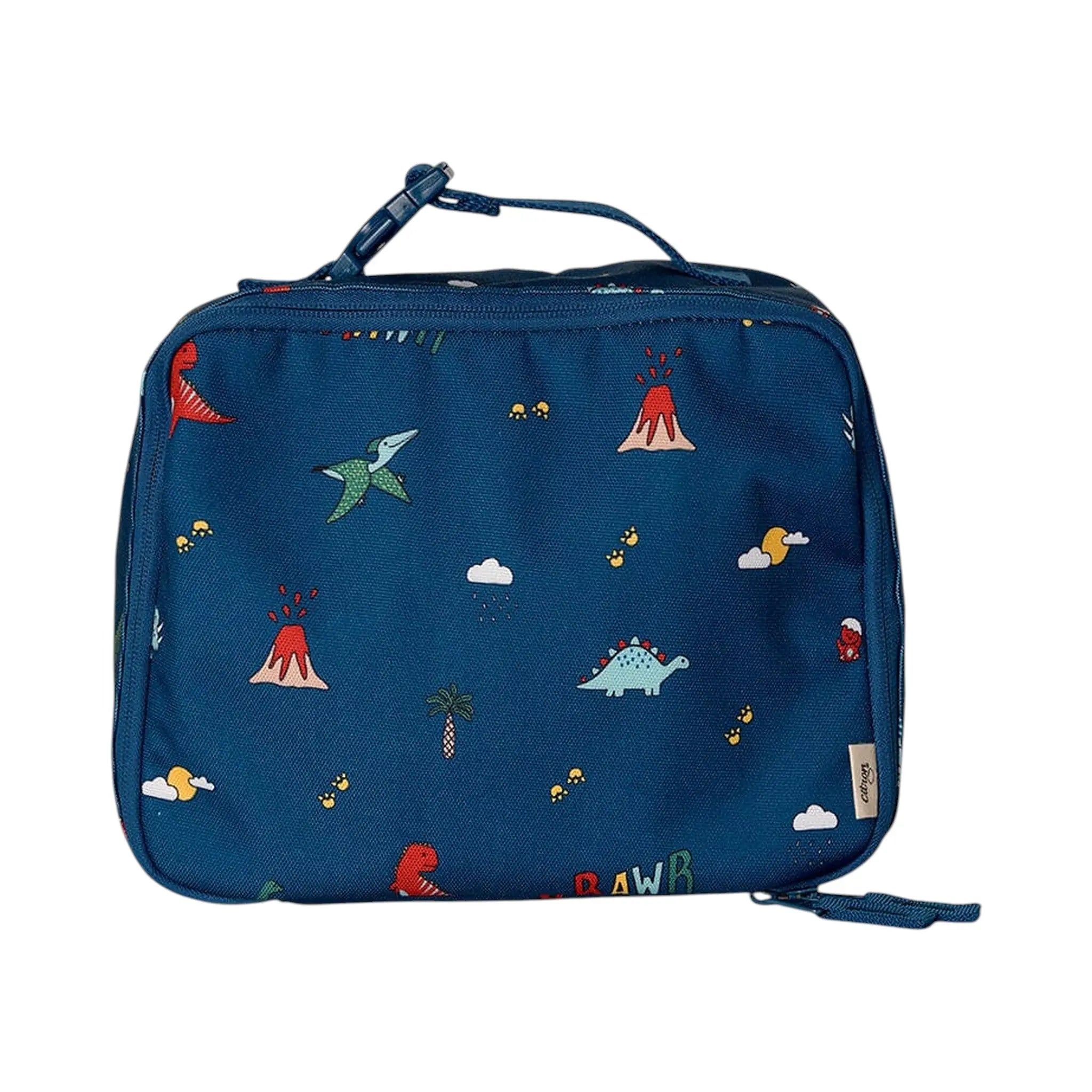 Lil Bunnies - The Collective blue insulated square lunch bag featuring a colourful dinosaur and volcano pattern