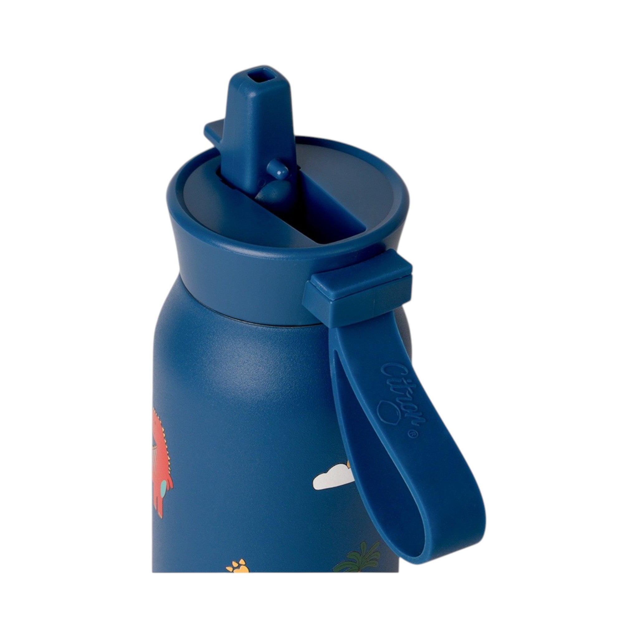 Lil Bunnies - The Collective blue 250ml mini water bottle with dinosaur print and flip-up straw lid