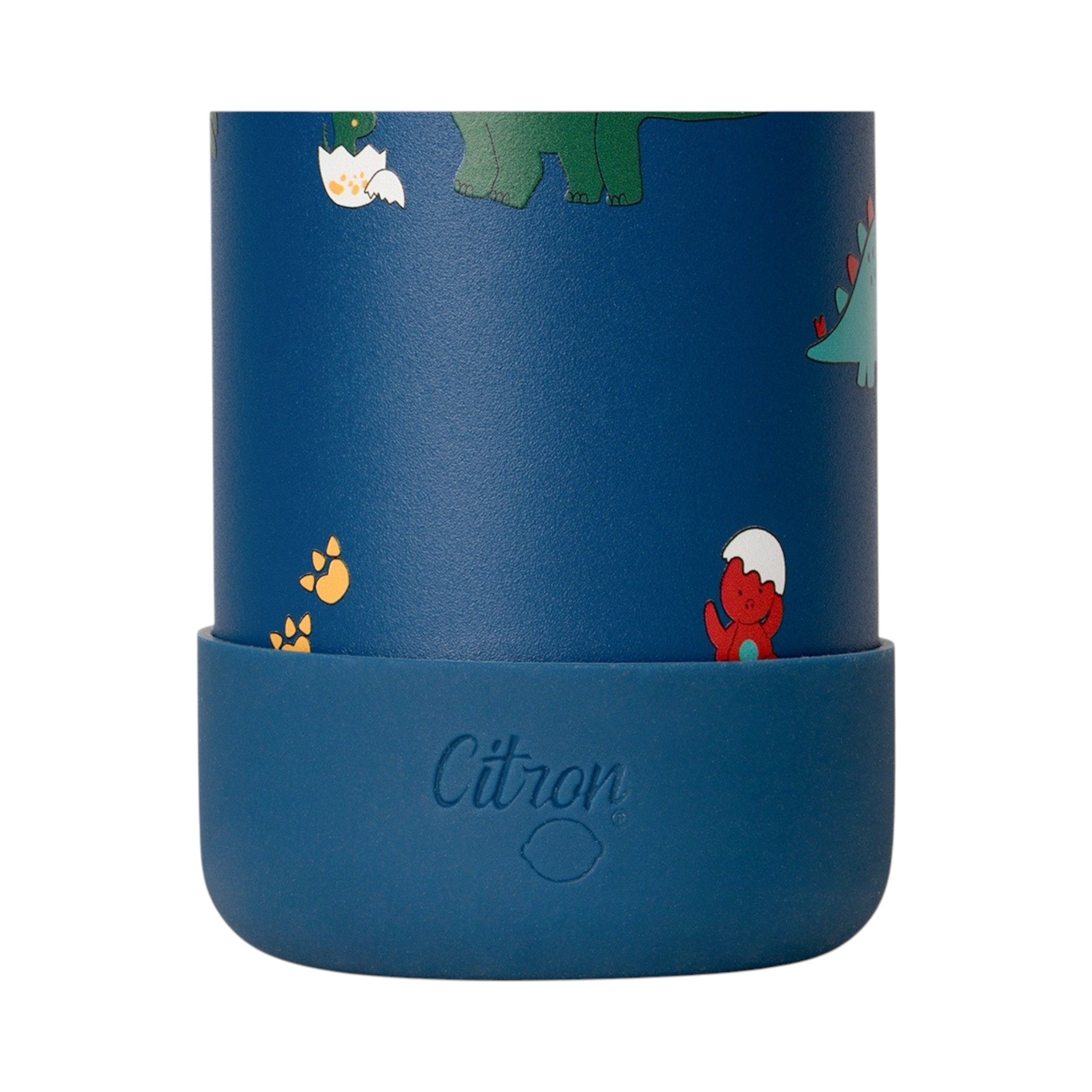 Lil Bunnies - The Collective blue 250ml mini water bottle with colourful dinosaur print and protective silicone base