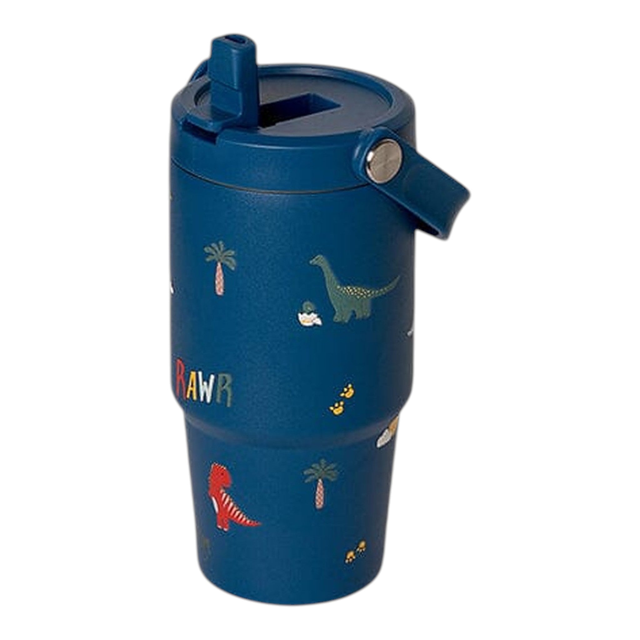 Lil Bunnies - The Collective 600ml blue insulated tumbler featuring colourful dinosaur patterns and a straw lid.