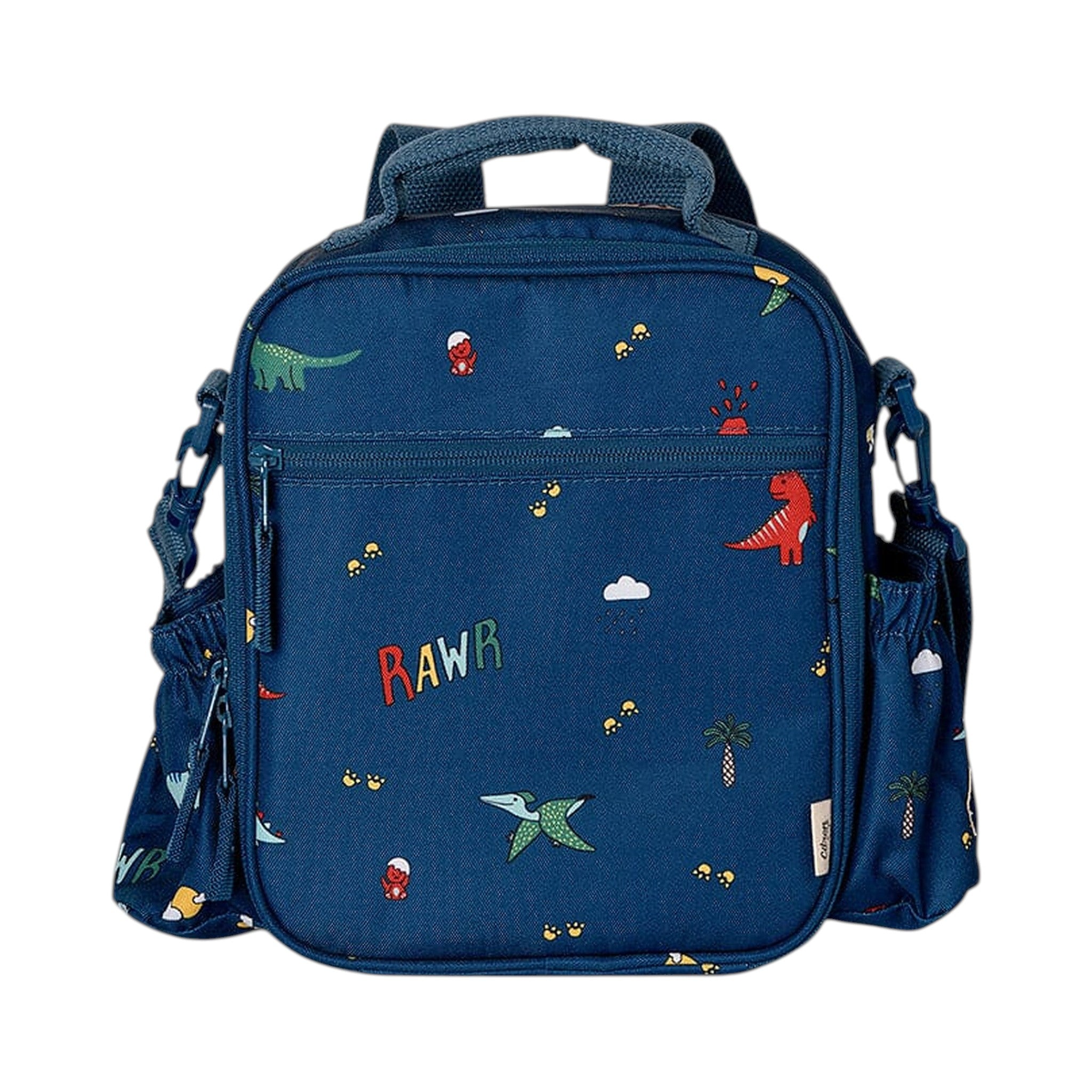 Lil Bunnies - The Collective blue insulated lunchbag backpack featuring a colourful dinosaur and RAWR print pattern.