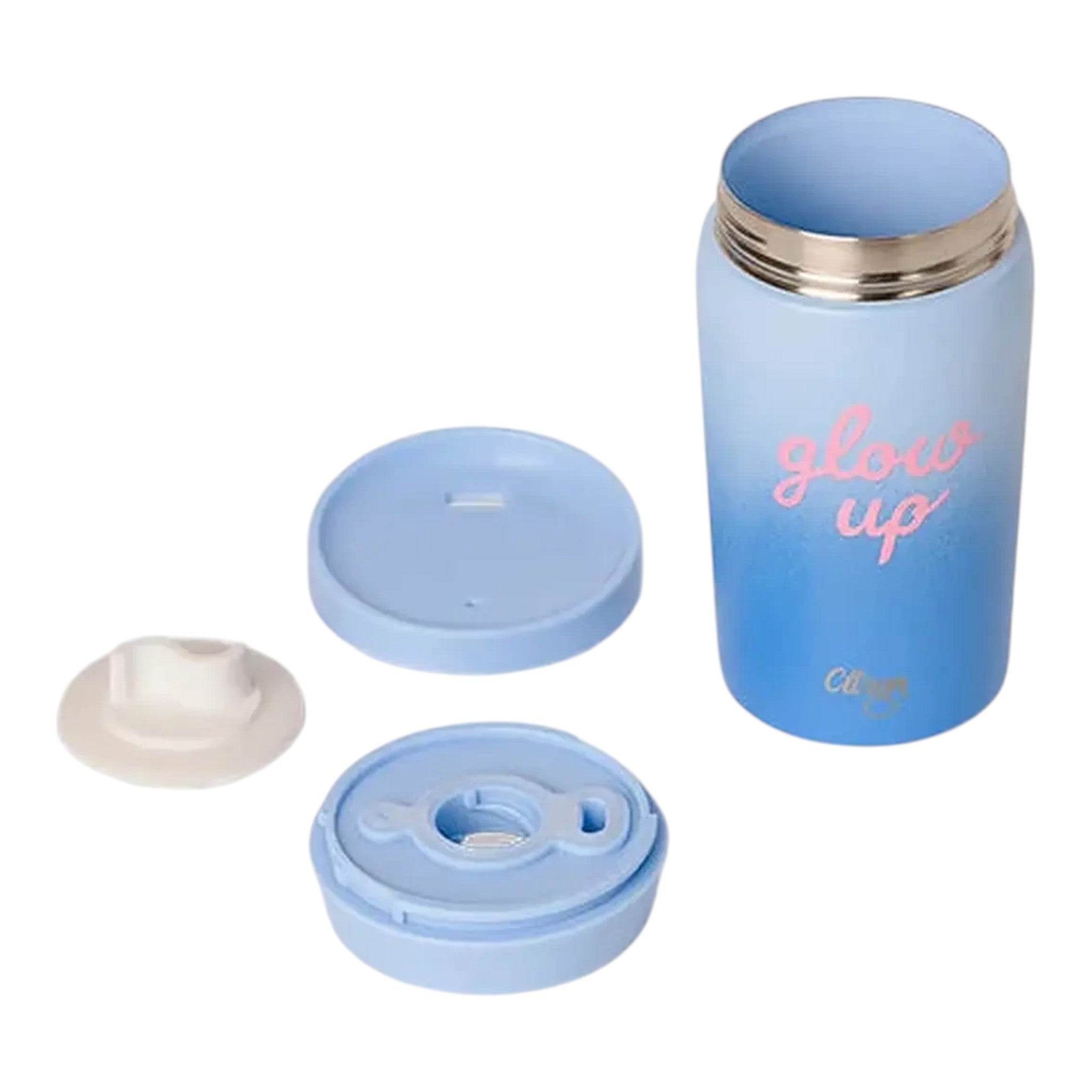 Lil Bunnies - The Collective 320ml blue gradient coffee mug with pink glow up text and matching lid components